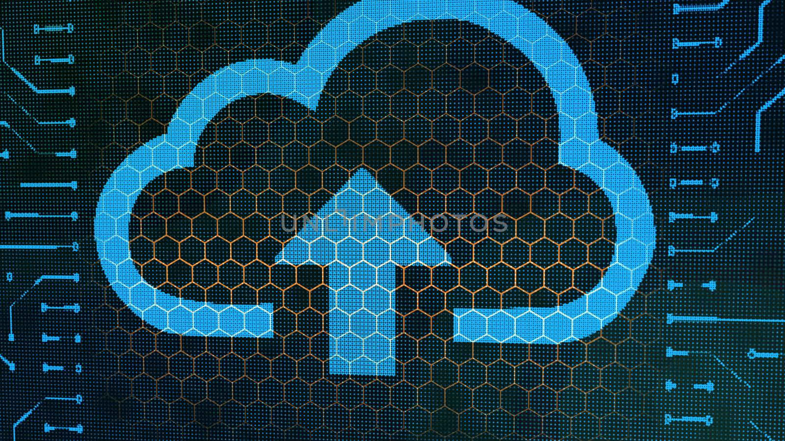 A close-up 3d illustration of an advanced wallet sign circuit platform with a blue cloud, wide arrow and zigzag lines in the center of the black background with golden hexagons.