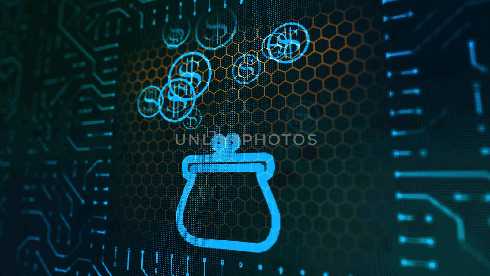 A cheerful 3d illustration of a female purse symbol of a circuit board with falling blue round coins having sparkling dollar signs in the black background placed aslant.