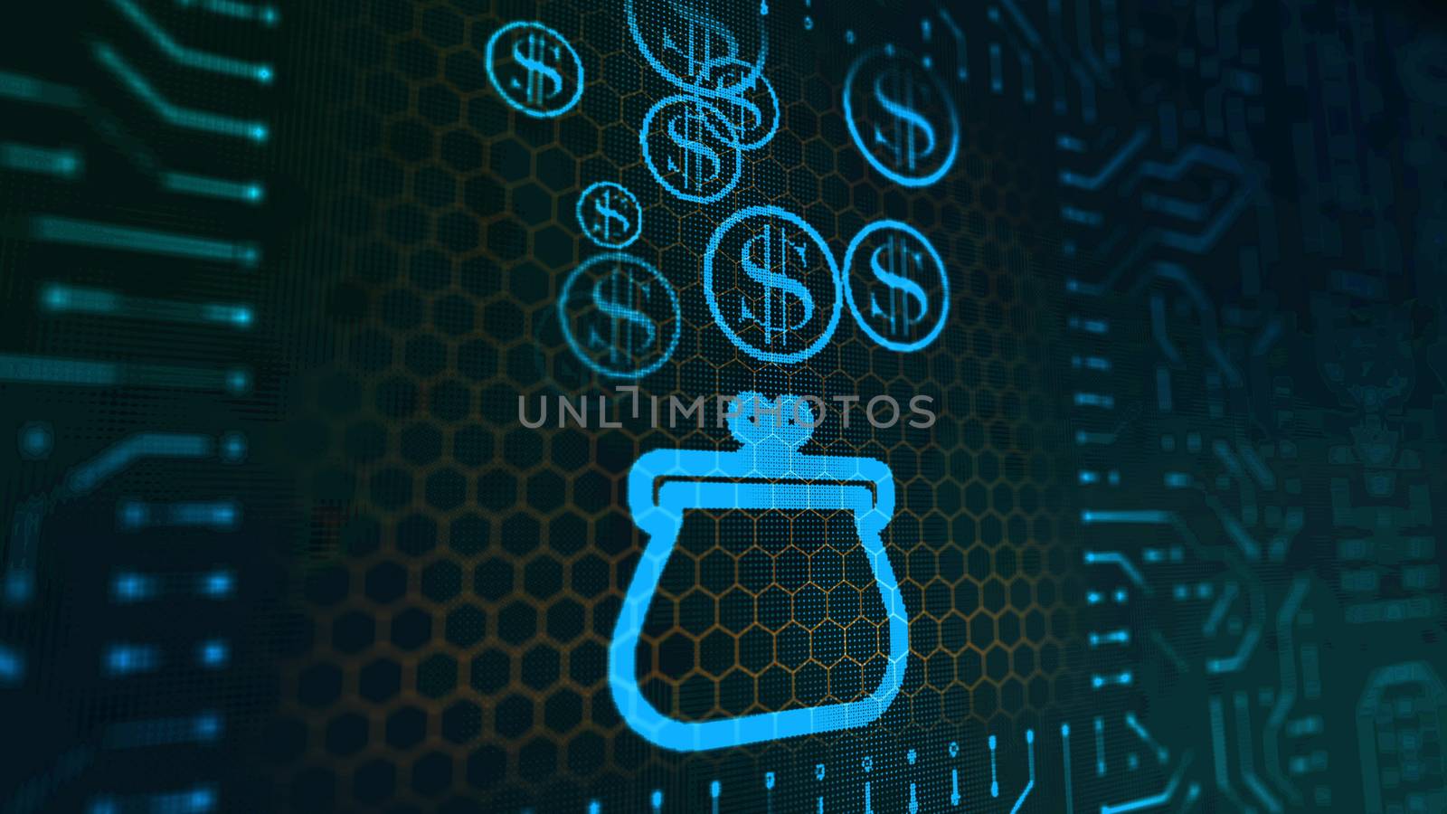 An optimistic 3d rendering of a female purse sign circuit platform with falling blue round coins having sparkling dollar signs in the black background with small golden hexagons.