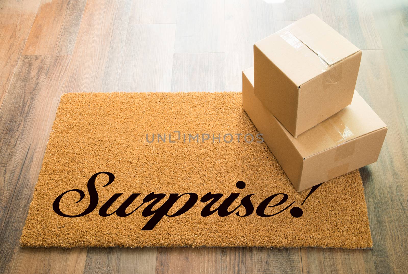 Surprise Welcome Mat On Wood Floor With Shipment of Boxes.