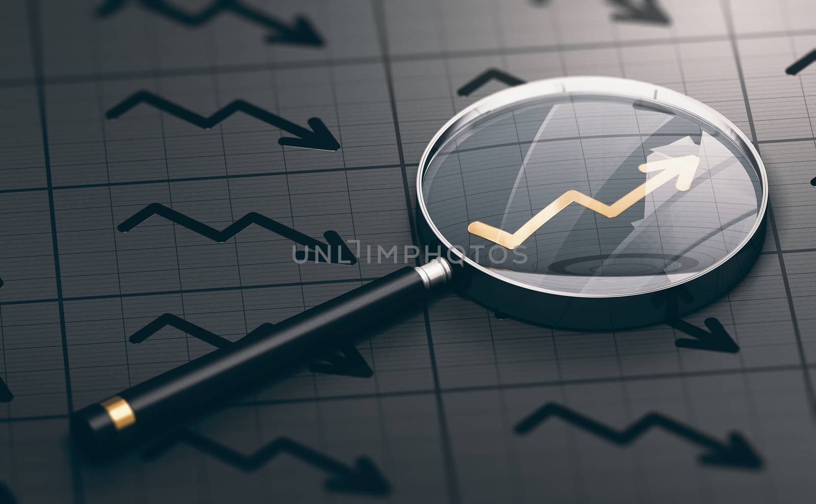 3D illustration of a magnifying glass over a golden positive chart symbol. Concept of investing opportunities and excellent investment.