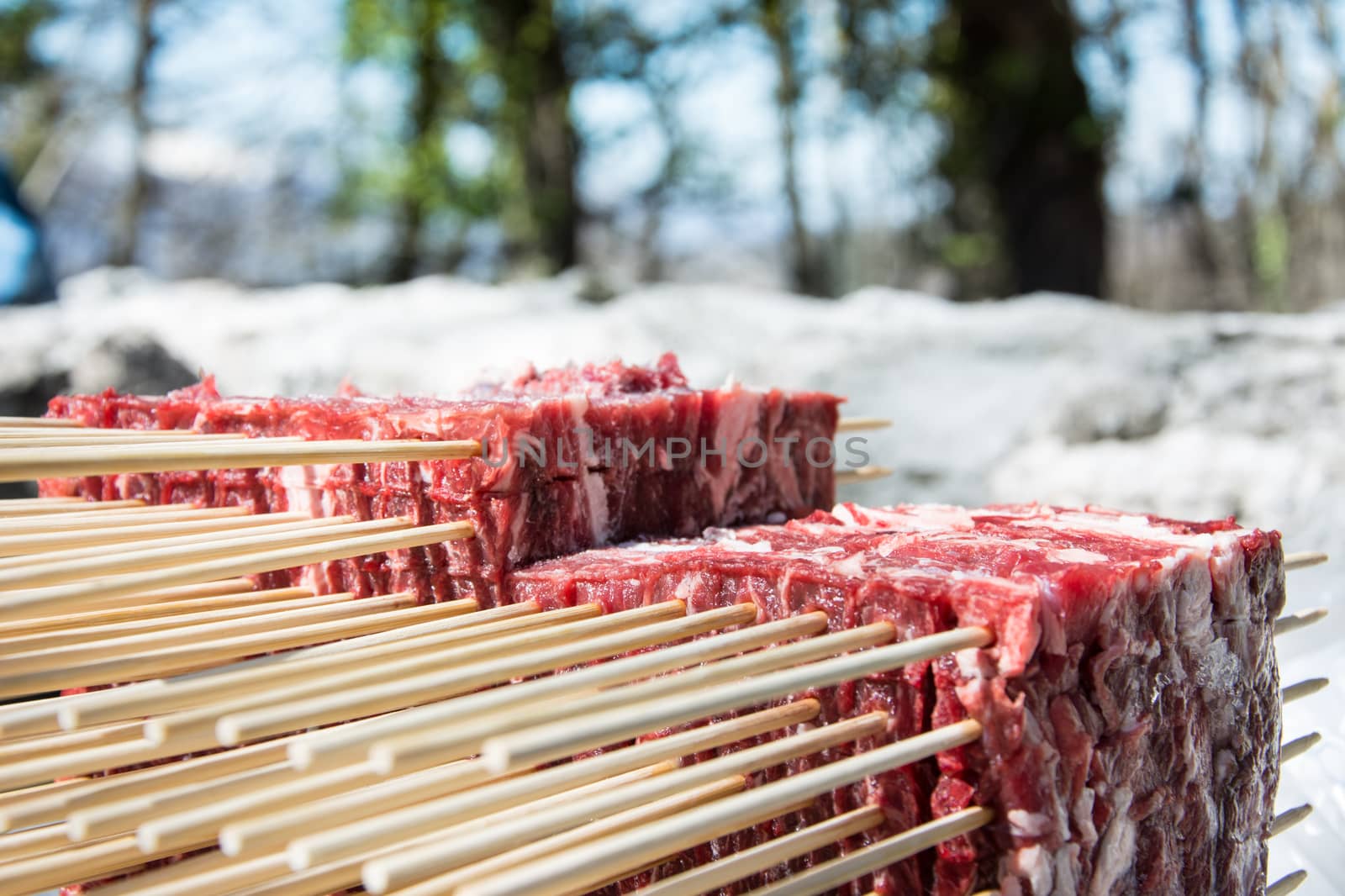 Fresh block of Arrosticini outdoor in a sunny day