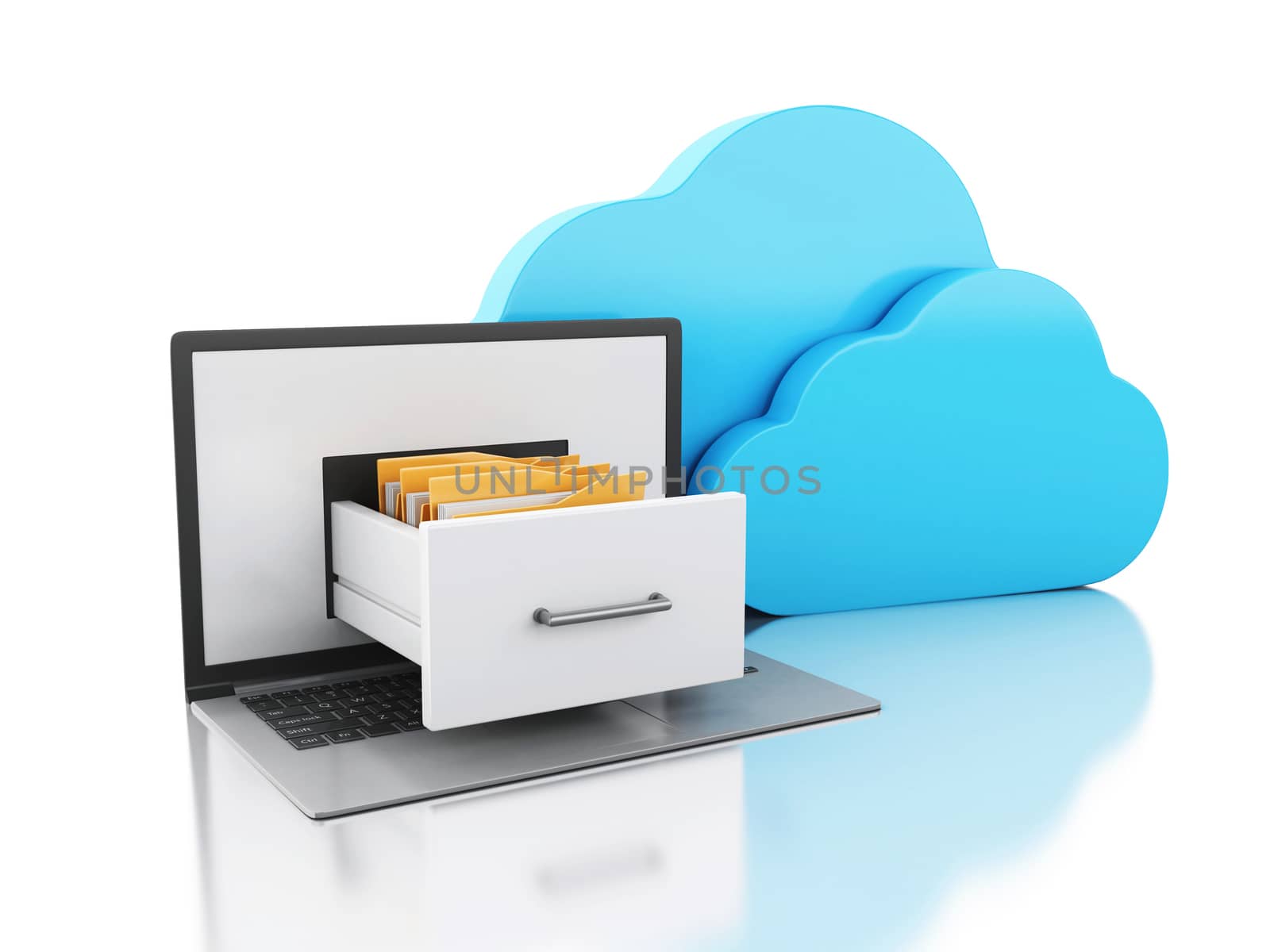 3d illustration. Laptop with folders and cloud. Transferring information. Online storage concept. Isolated white background.