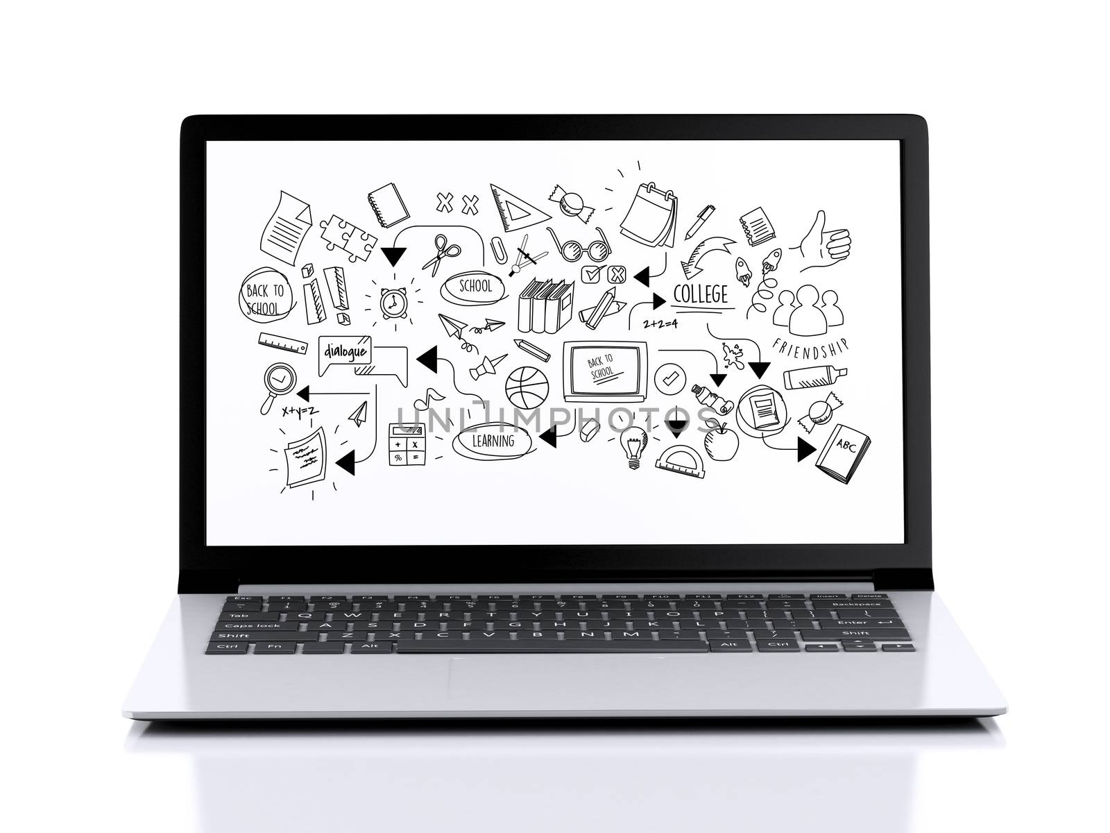 3d illustration. Laptop with education skecth on screen. Isolated white background. E-learning concept