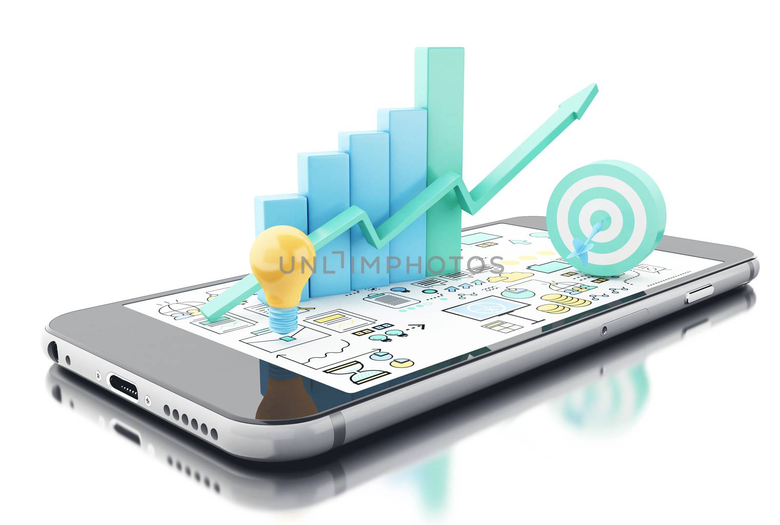 3d illustration. Bar graph, target and light bulb on Smartphone. Business statistic concept. Isolated white background