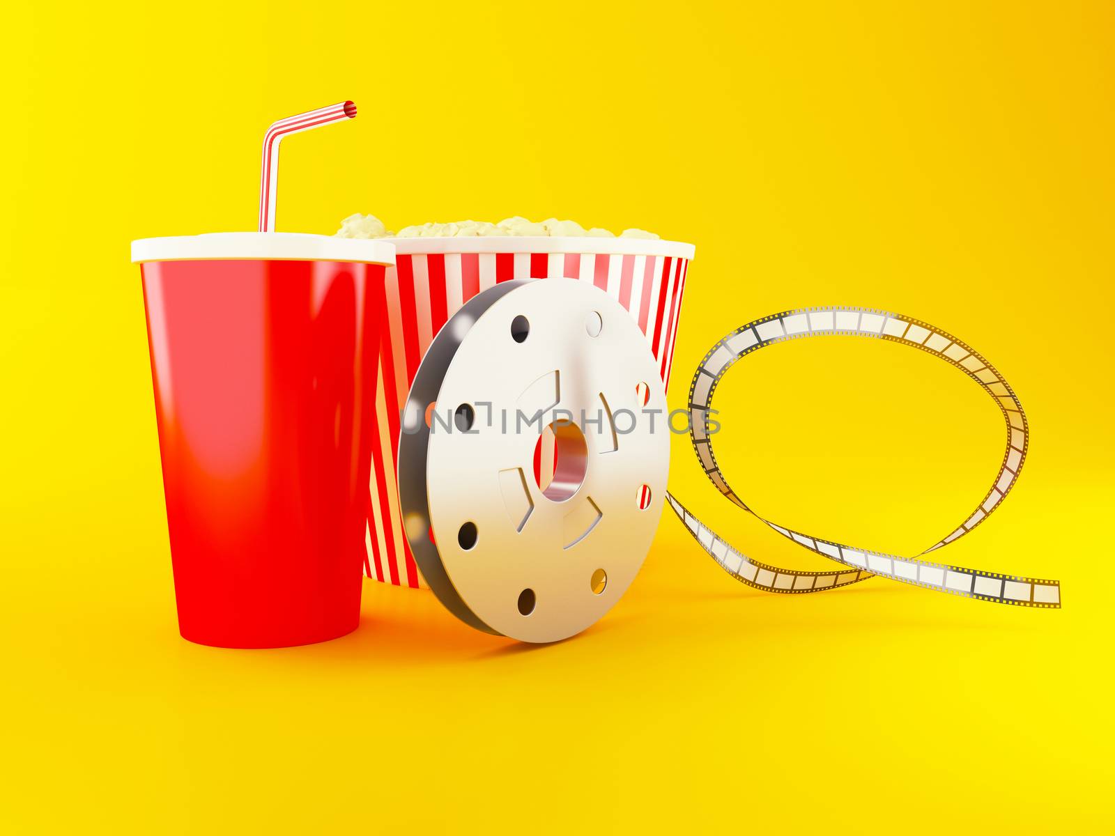 3d renderer illustration. Film reel, popcorn and drink. Cinematography concept.