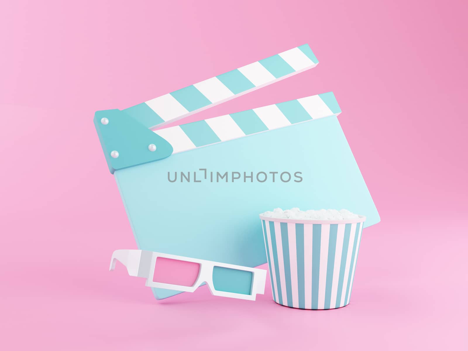 3d renderer illustration. Popcorn, clapperboard and 3d glasses. Cinematography concept.