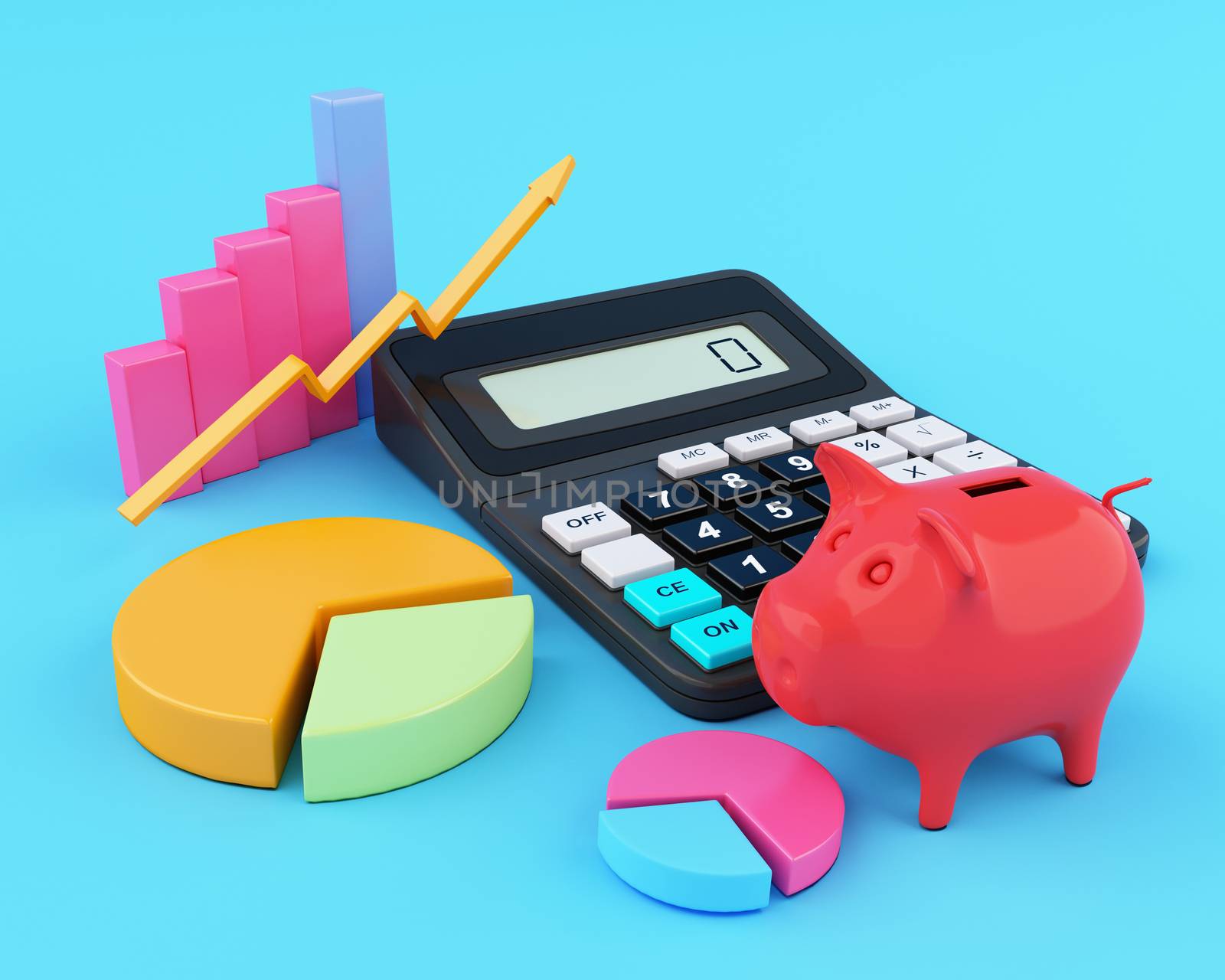 3d illustration. Office calculator with piggy bank and graphics. Business finance and banking concept.