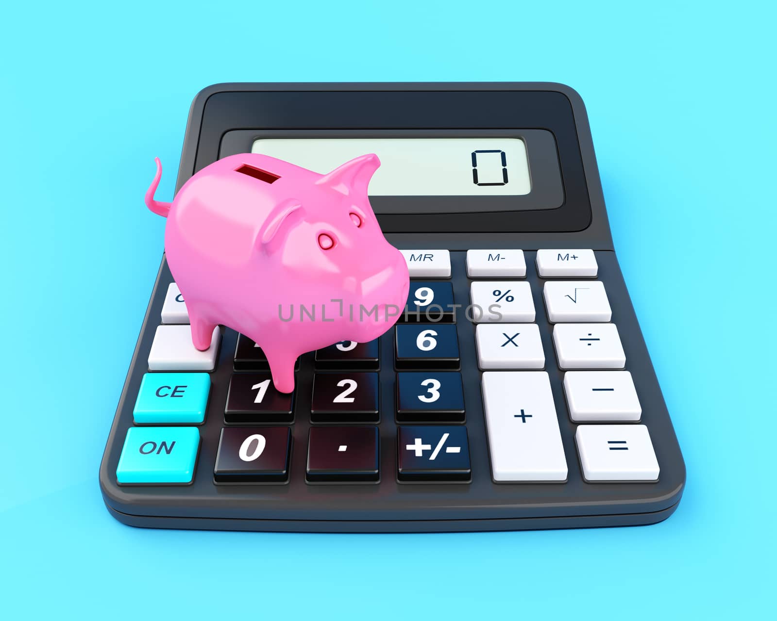 3D Illustration. Piggy bank and calculator. Business and finance concept.