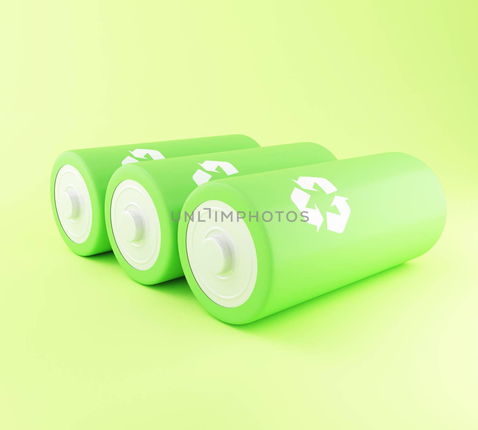 3d illustration. Green batteries with recycling symbol. Eco energy concept.