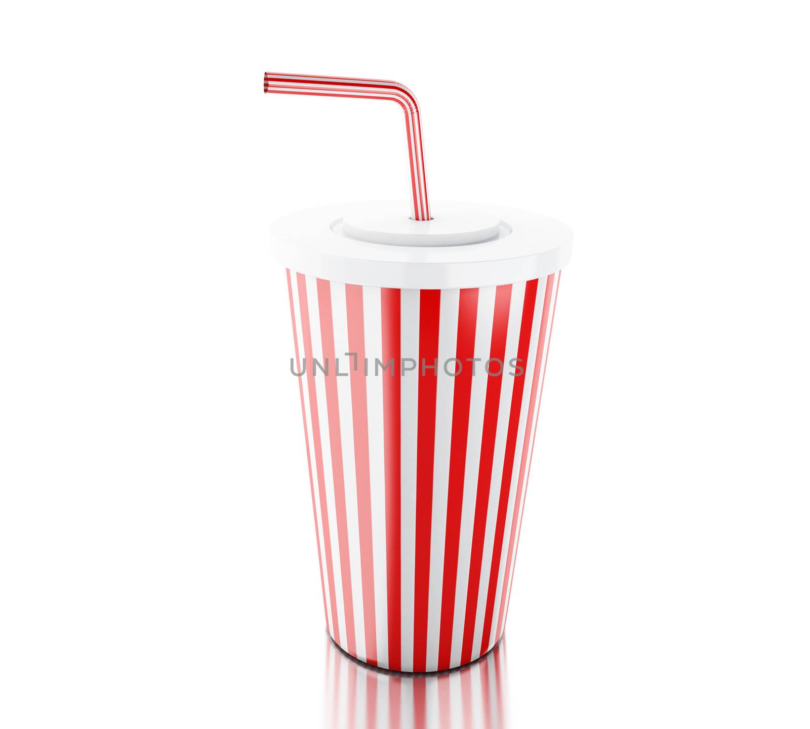 3d illustration. Plastic fastfood cup with stripes and straw. Isolated white background