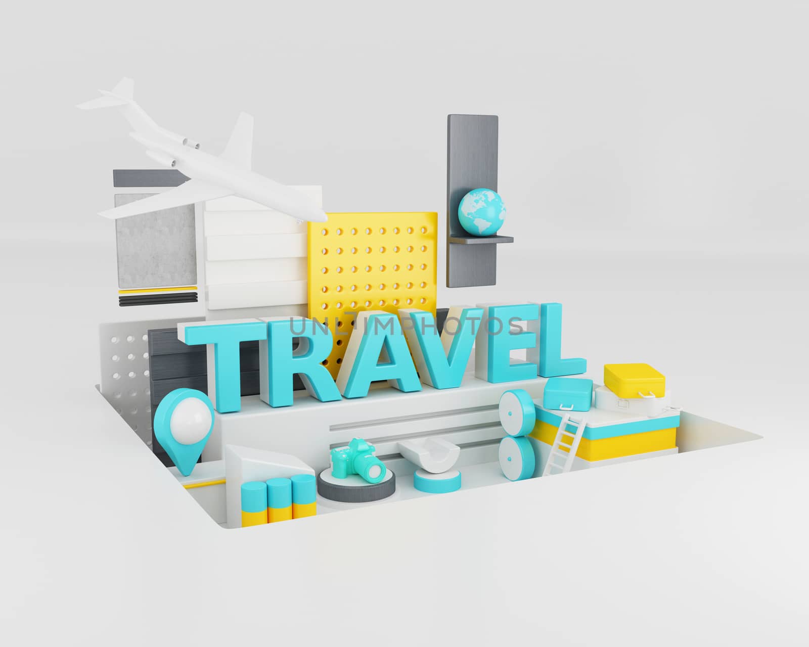 3d illustration. Word travel, design concept. Creative travel idea.