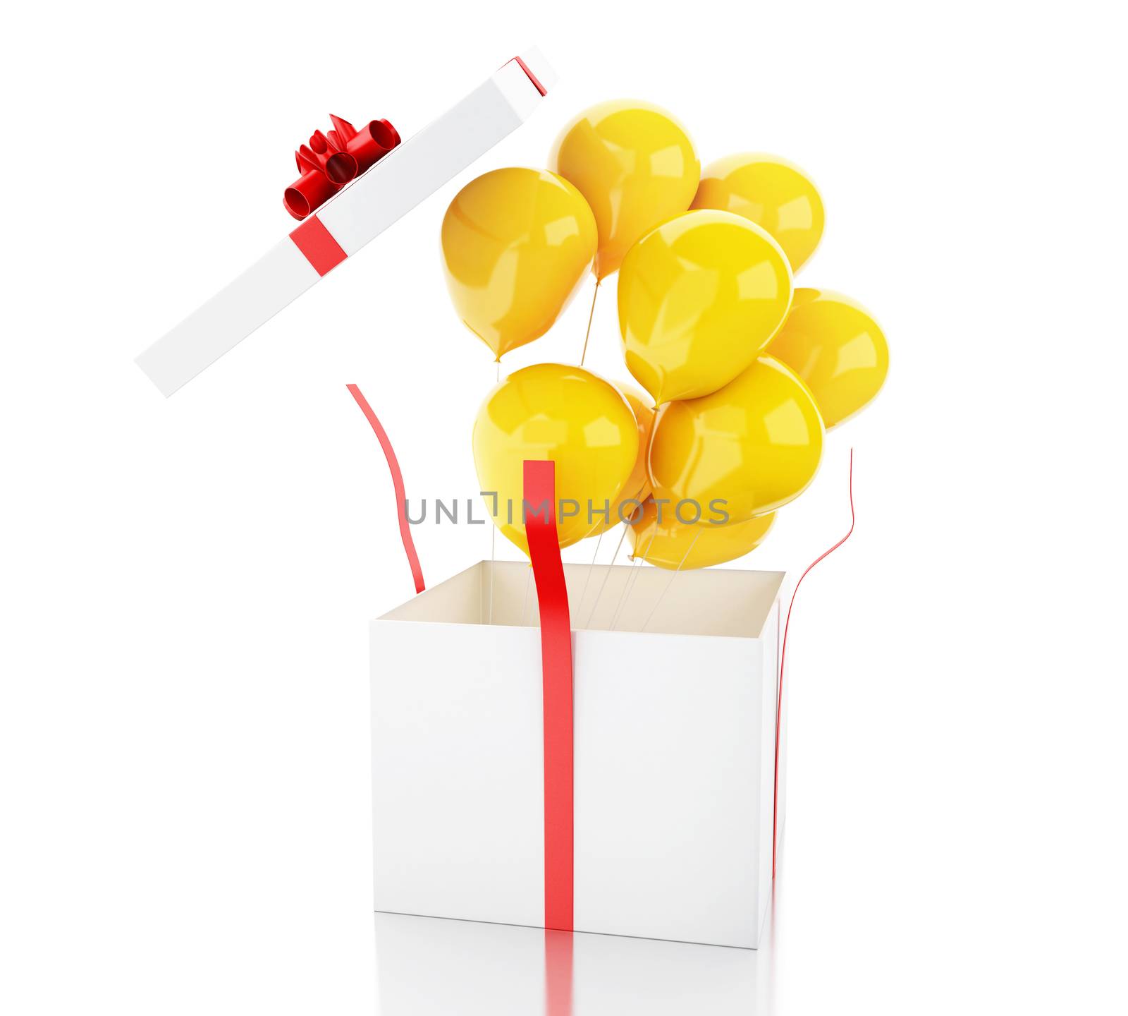 3d illustration. Open gift box with balloons. Isolated white background.