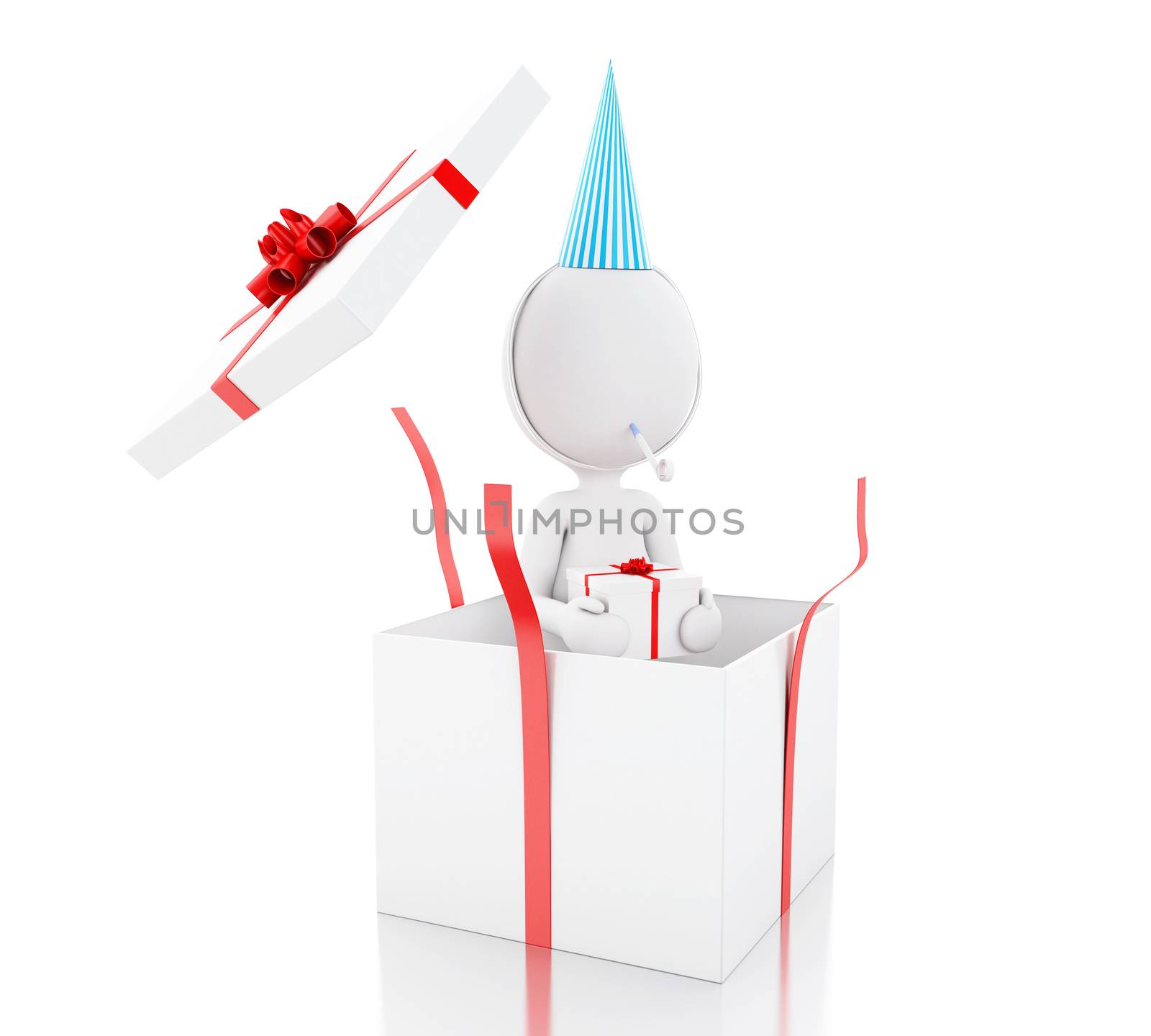 3d illustration. White people celebrating a birthday with gift box. Isolated white background