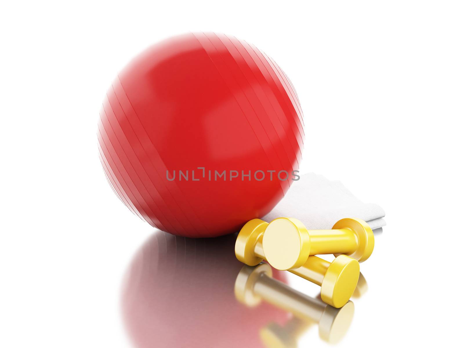 3d illustration. Fitness ball, weights and towel. Fitness equipment. Healthy life concept.