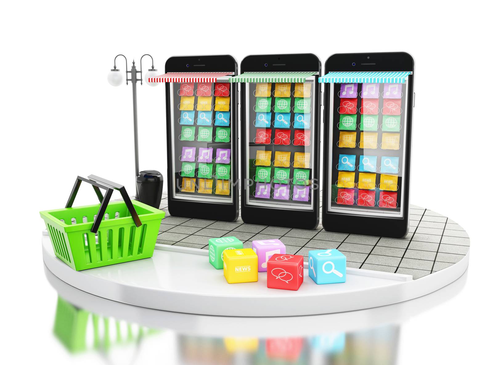 3d illustration. Smartphone with mobile app stores. E-commerce, online shopping concept.