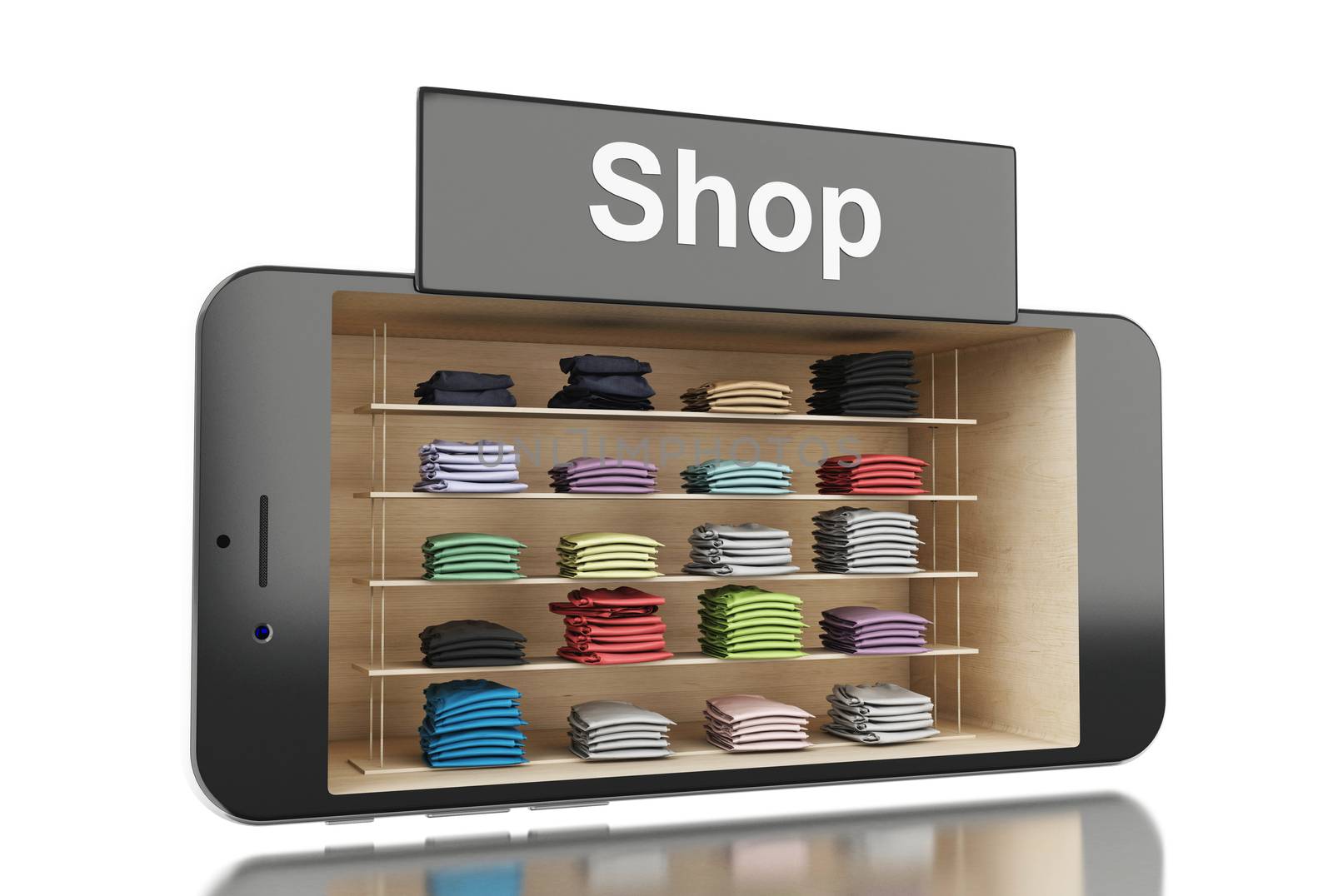 3d illustration. Smartphone with Clothing store. E-commerce, online shopping concept.