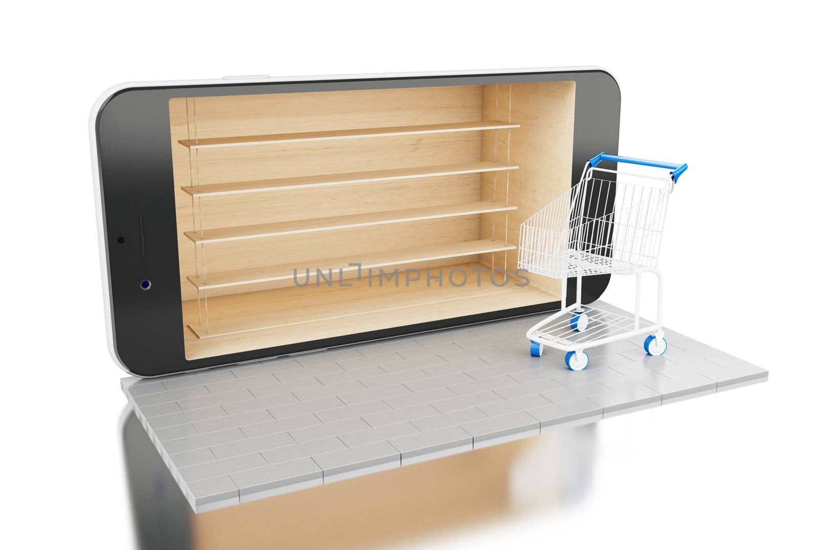 3d illustration. Smartphone with store. E-commerce, online shopping concept.