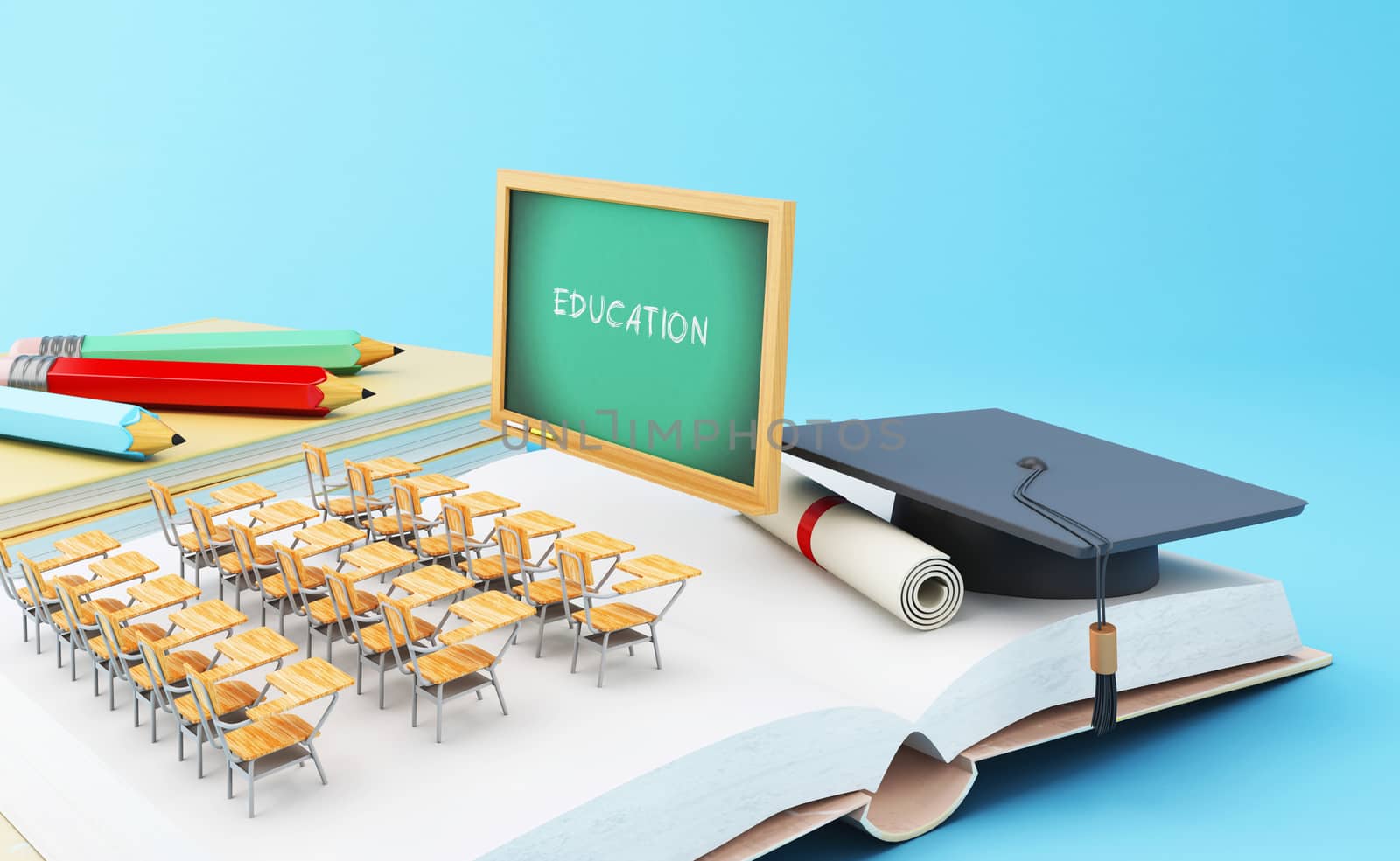 3d illustration. Open book with graduation cap, Classroom, pencils and rolled diploma. Education concept.