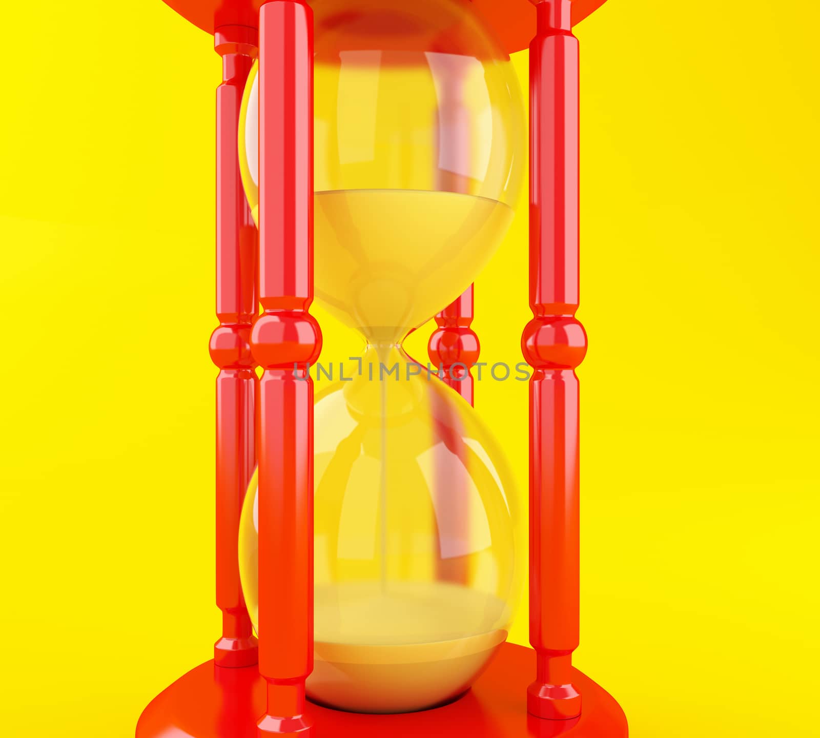 3d illustration. Hourglass, sand clock on yellow background. Time concept.
