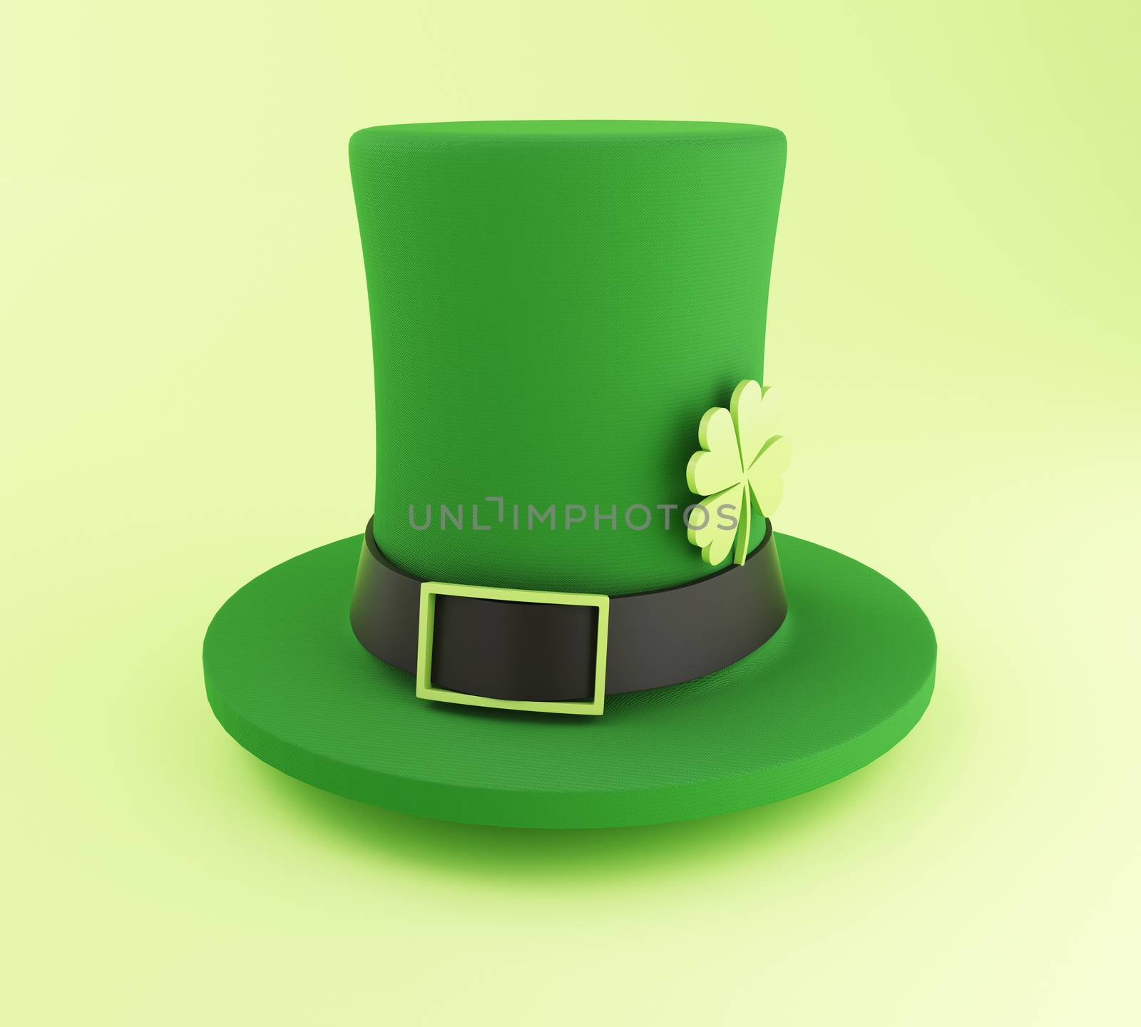 3d illustration. St. Patrick's day green hat with four-leaf.