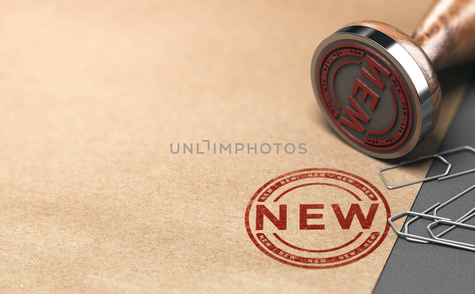 Rubber stamp with the word new over paper background. 3D illustration