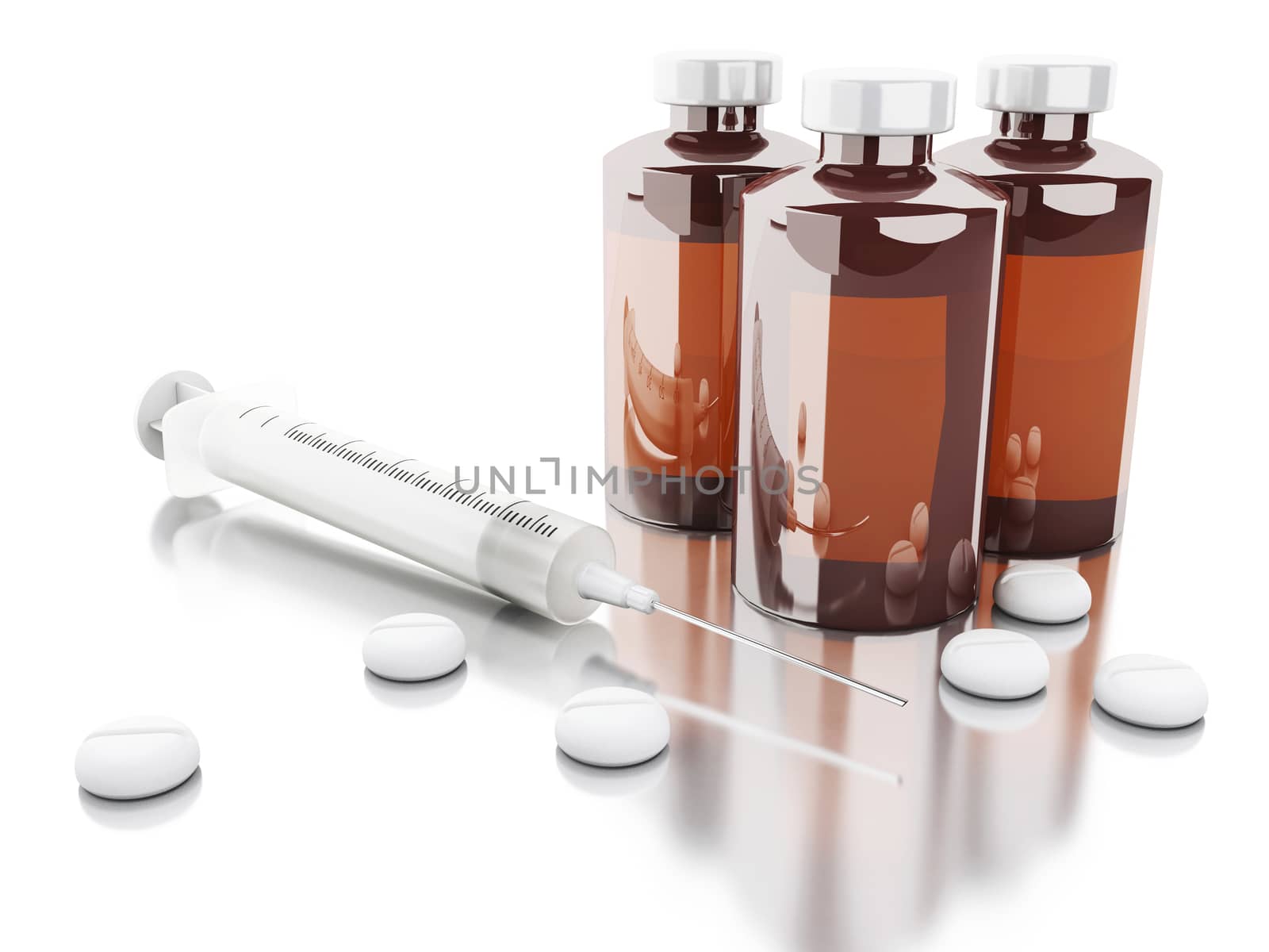 3d illustration. syringe and pills. Medical concept.