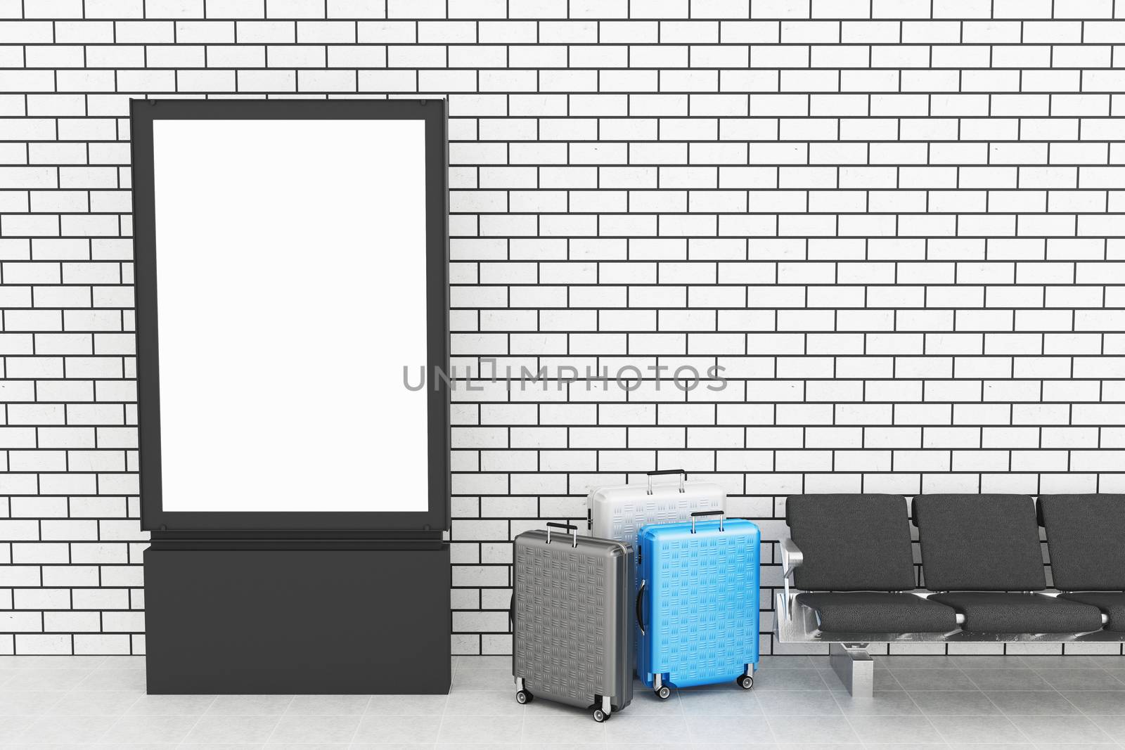3d illustration. departure lounge with Blank billboard stand and travel suitcase. Travel concept.