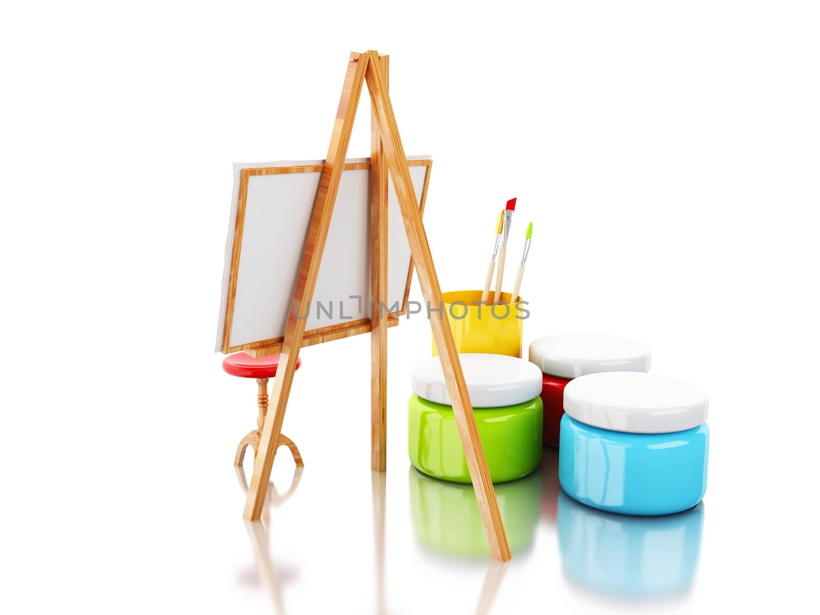 3d easel and brushes. by megostudio