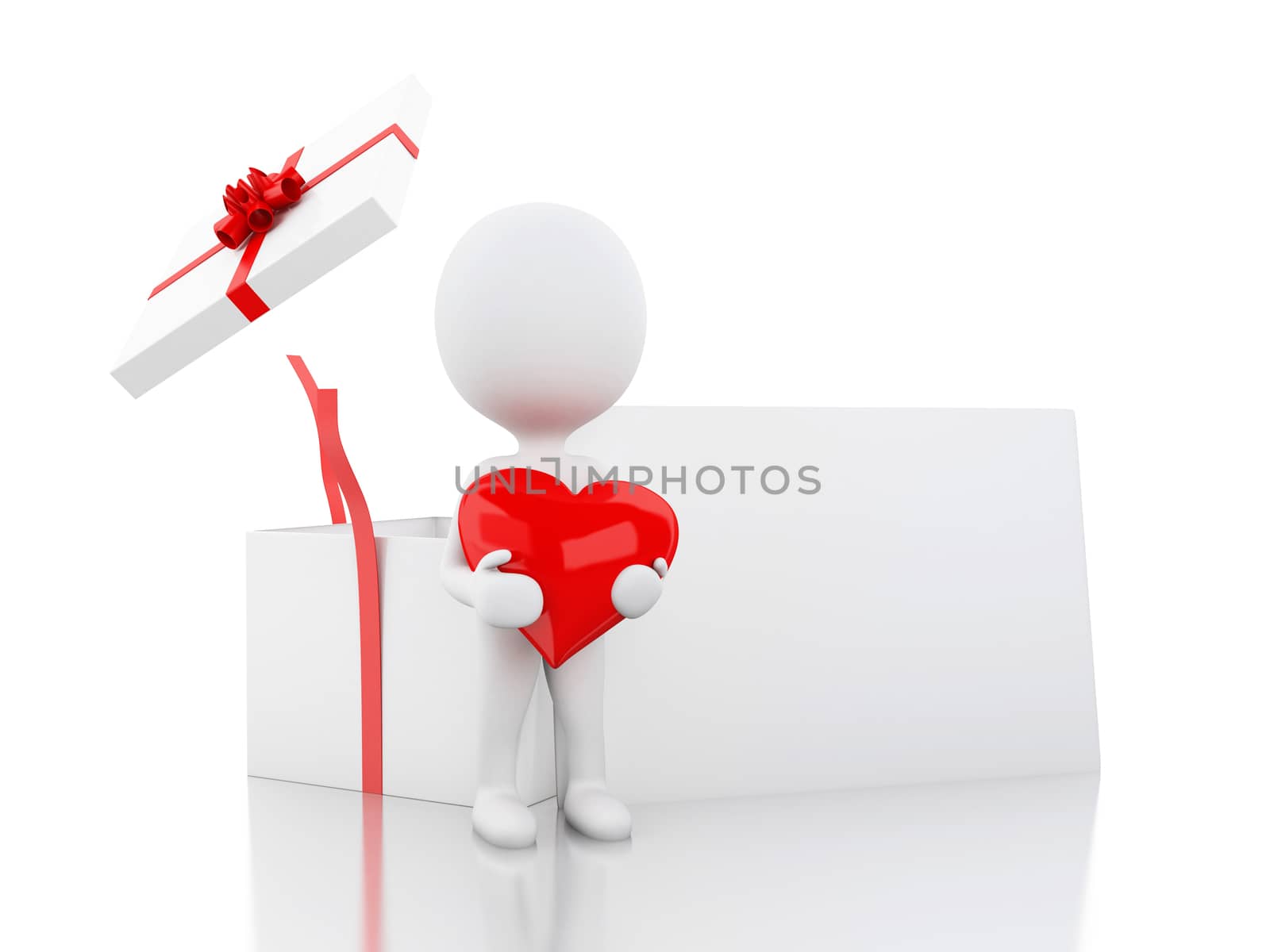 3d illustration. White people in love with red heart, gift box and empty signboard. Valentine's Day concept. Isolated white background.