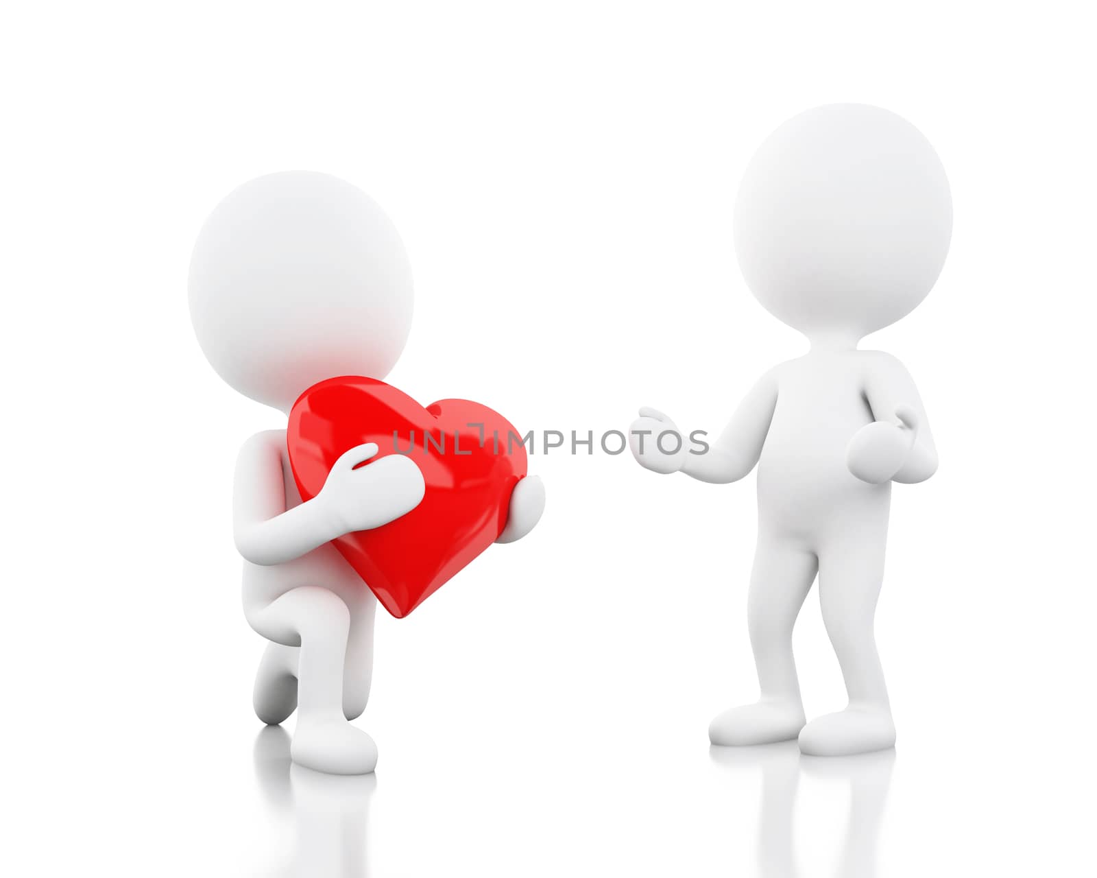 3d illustration. White people give anoher one a red heart, Valentines Day. Love concept. Isolated white background.