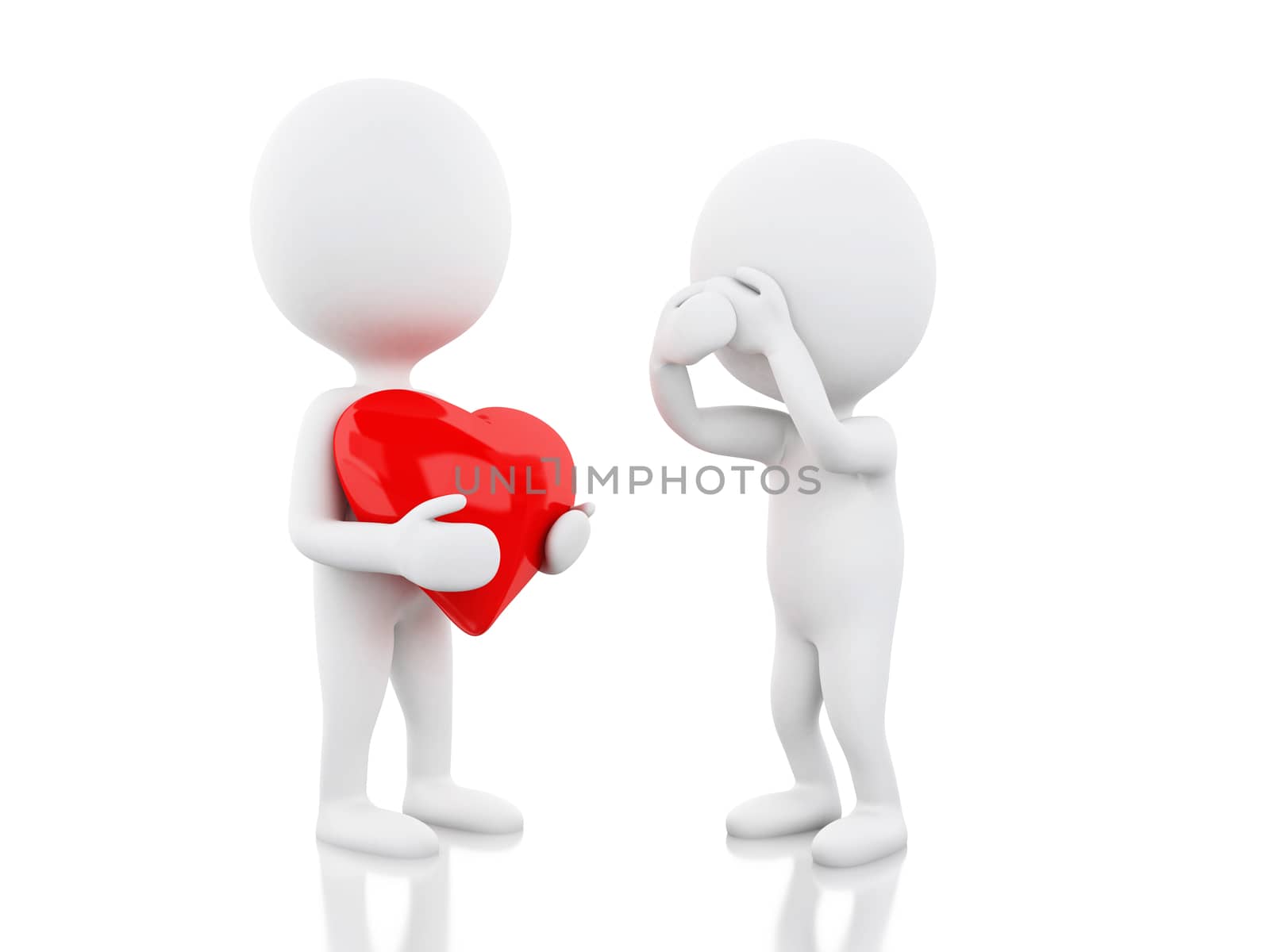 3d illustration. White people give anoher one a red heart, Valentines Day. Love concept. Isolated white background.