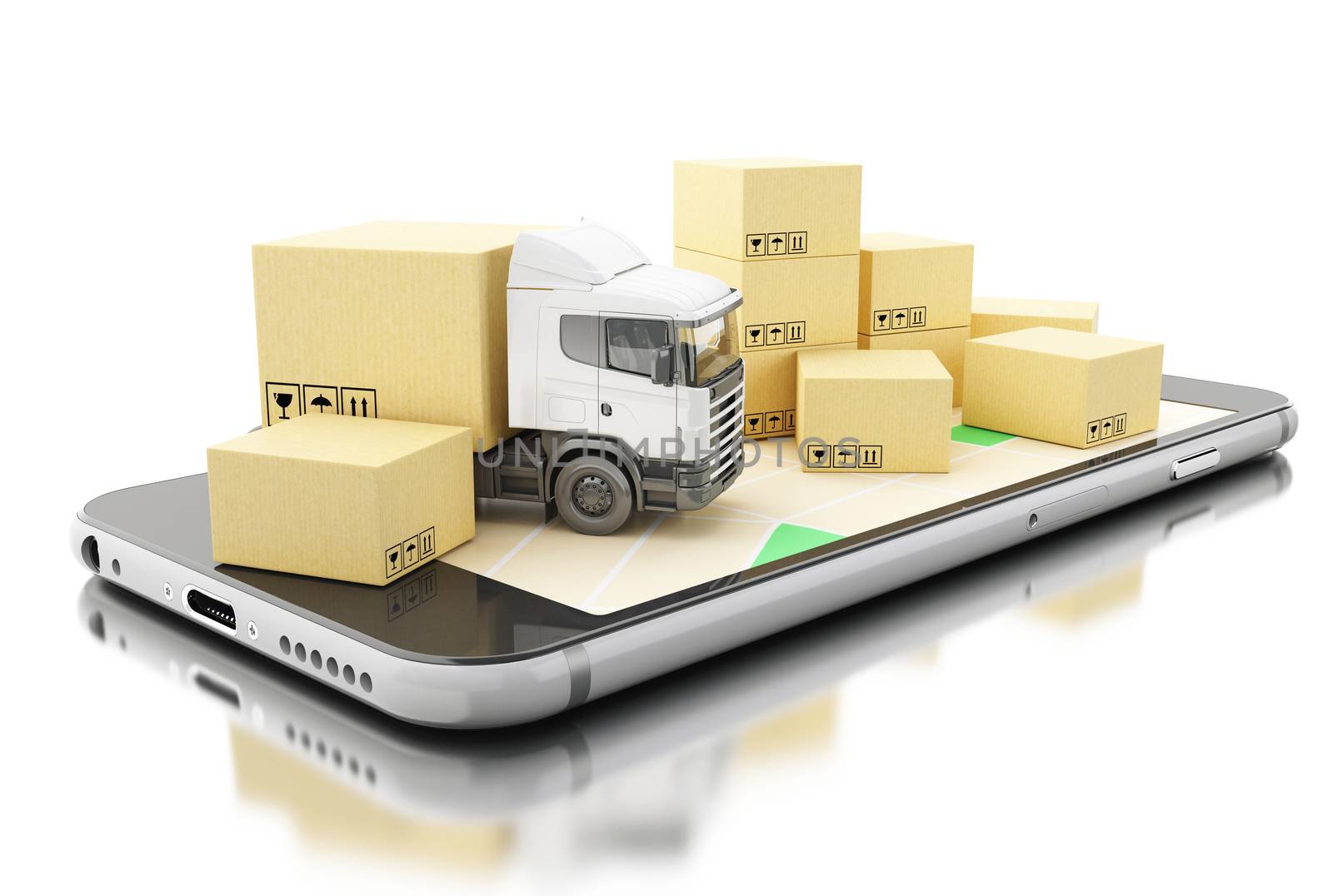 3D Smartphone with cardboard boxes. delivery shipping concept. by megostudio