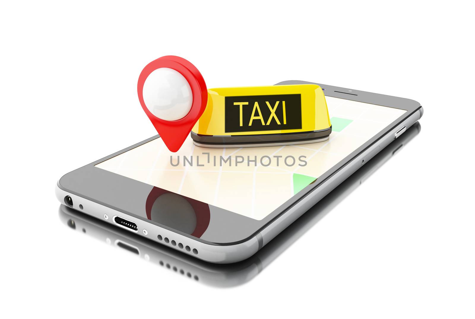3D illustration. Smartphone with application for online taxi. Service app, transportation concept. Isolated white background.