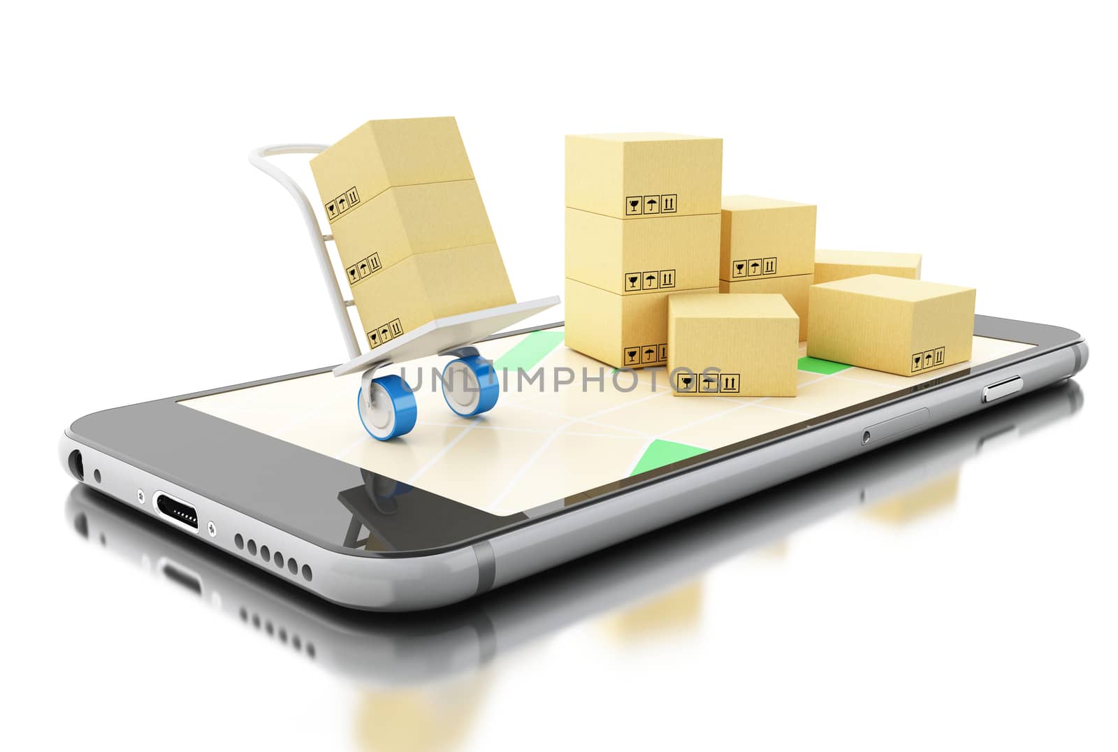 3d illustration. Smartphone on city map with cardboard boxes. Shipping, delivery concept. Isolated white background.