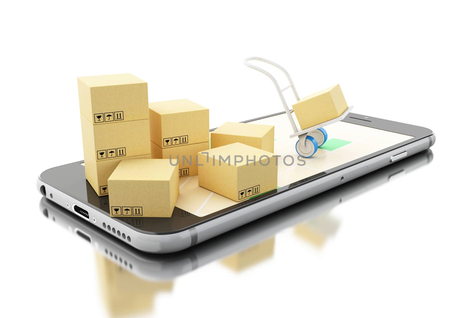 3d Delivery transport with cardboard boxes on Smartphone by megostudio