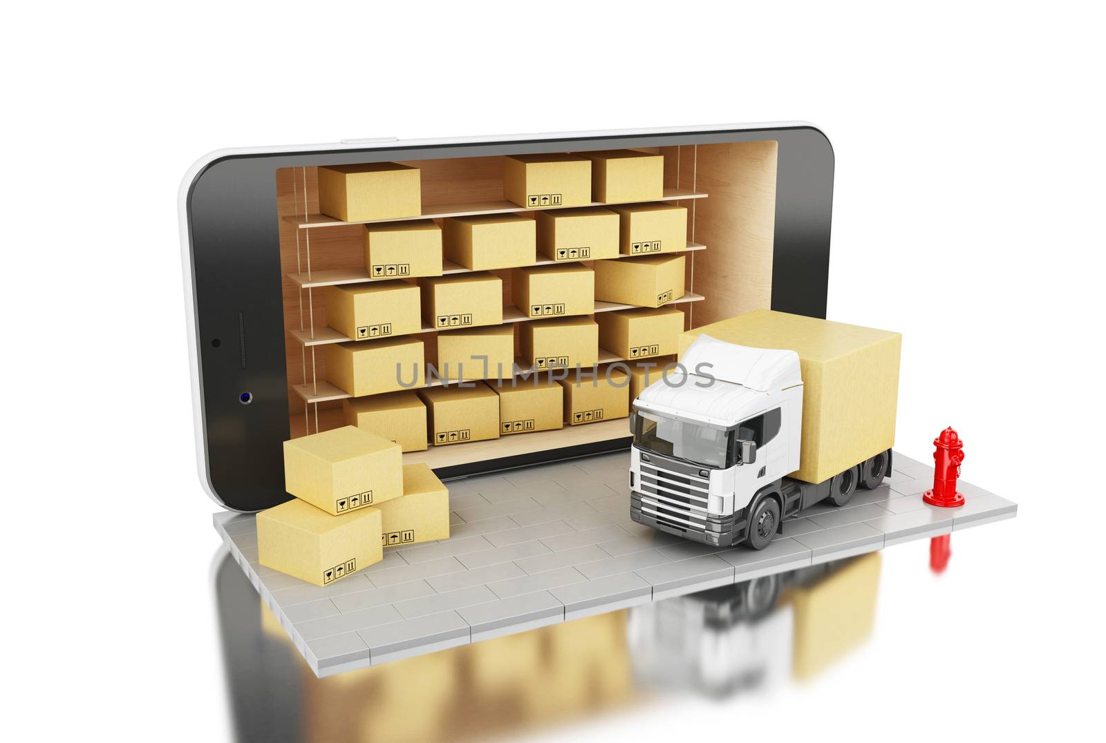 3D illustration. Smartphone with cardboard boxes.  warehouse logistics, packages dispatching and delivery concept. Isolated white background.