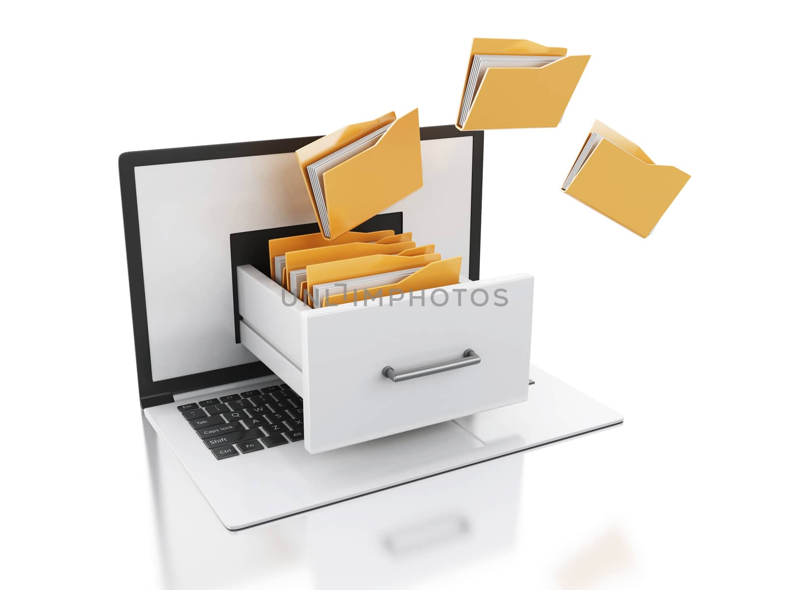 3d illustration. Laptop and file cabinet with folders. Data storage concept. Isolated white background