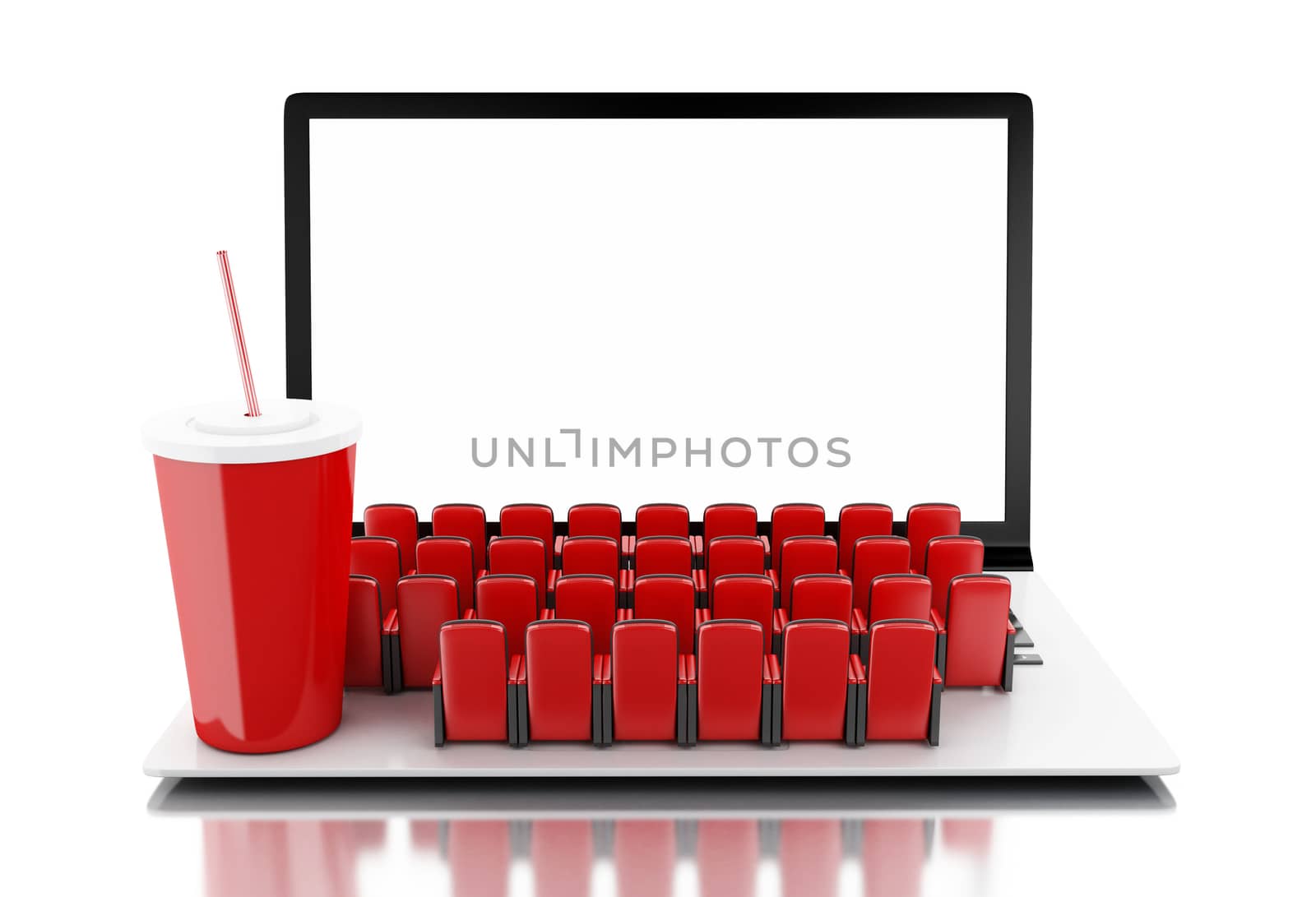 3d Laptop with blank screen and rows of cinema seats. by megostudio
