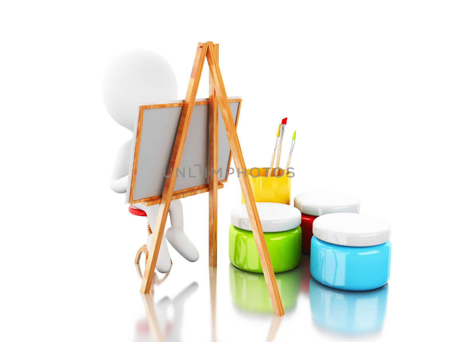 3d illustration. White people painter with an easel and brushes. Artist concept. Isolated white background.