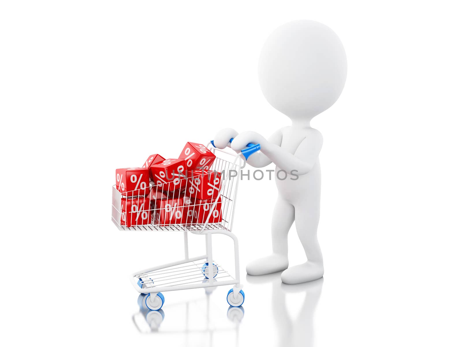 3d illustration. White people and Shopping cart with discount cubes. Shop and sale concept. isolated on white background