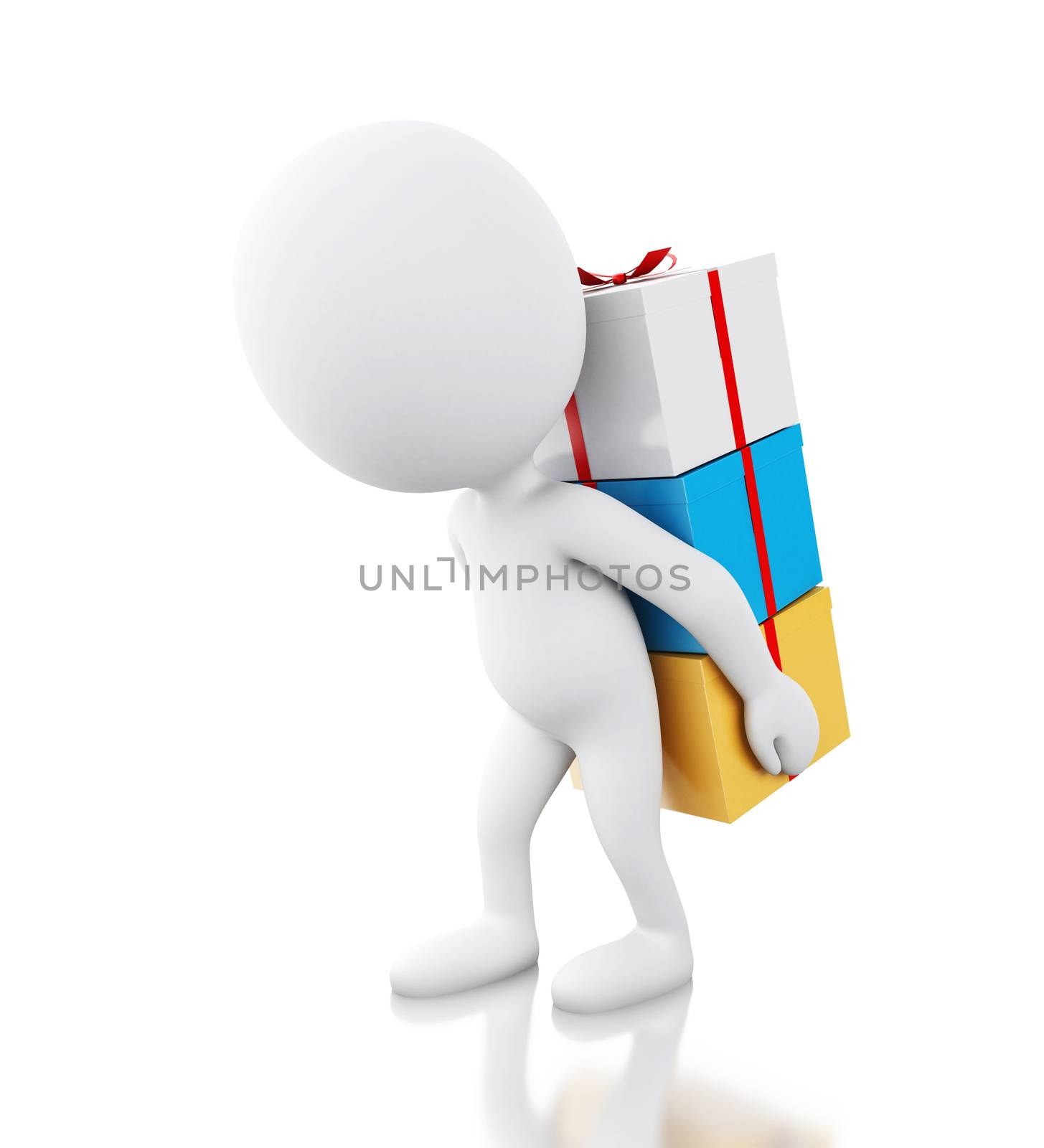 3d illustration. White people with gift box. Isolated white background.
