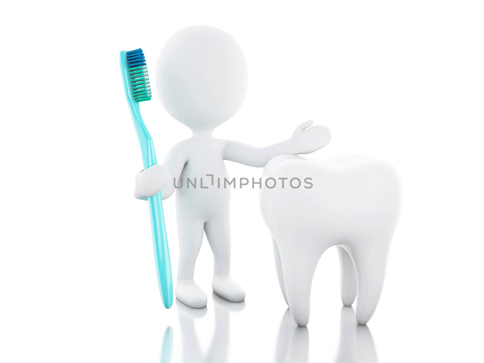 3d illustration. White people with toothbrush standing next to tooth. Dental hygiene and healthy concept.