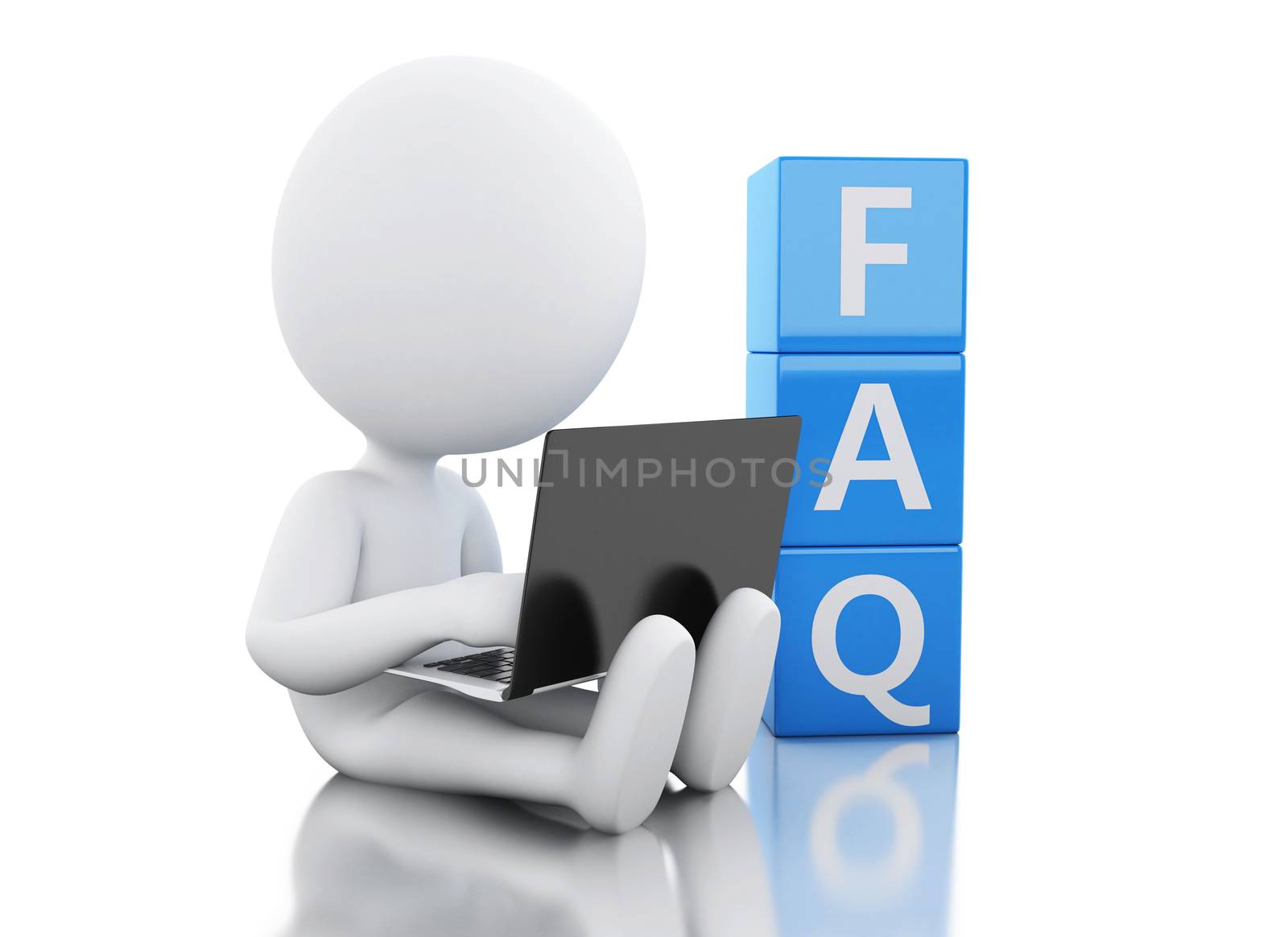 3d White person with laptop next to FAQ.  by megostudio