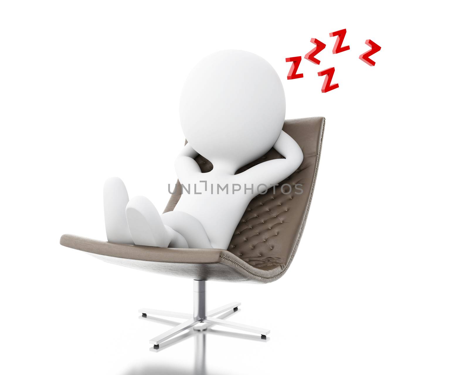 3d illustration. White people tired, sleeping on the couch with Z letters . Isolated white background.
