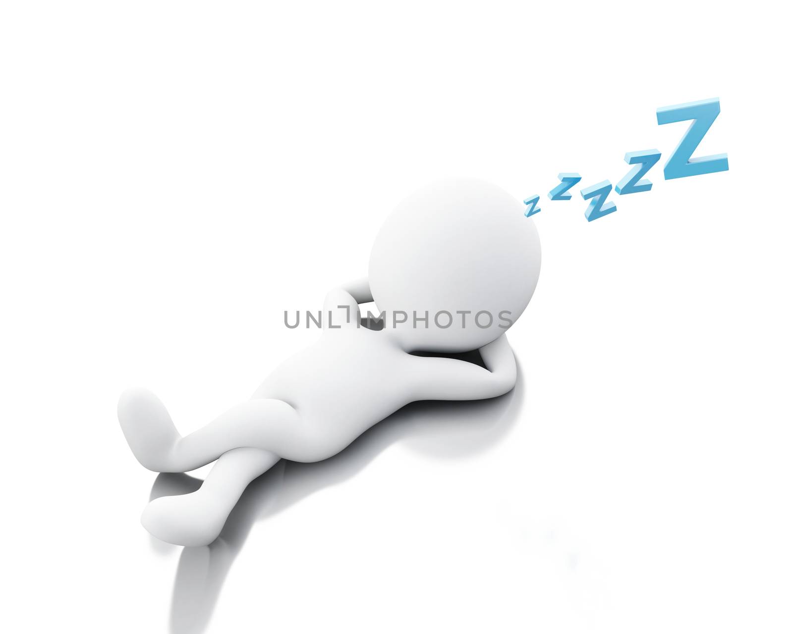 3d illustration. White people tired, sleeping on the floor with Z letters . Isolated white background.