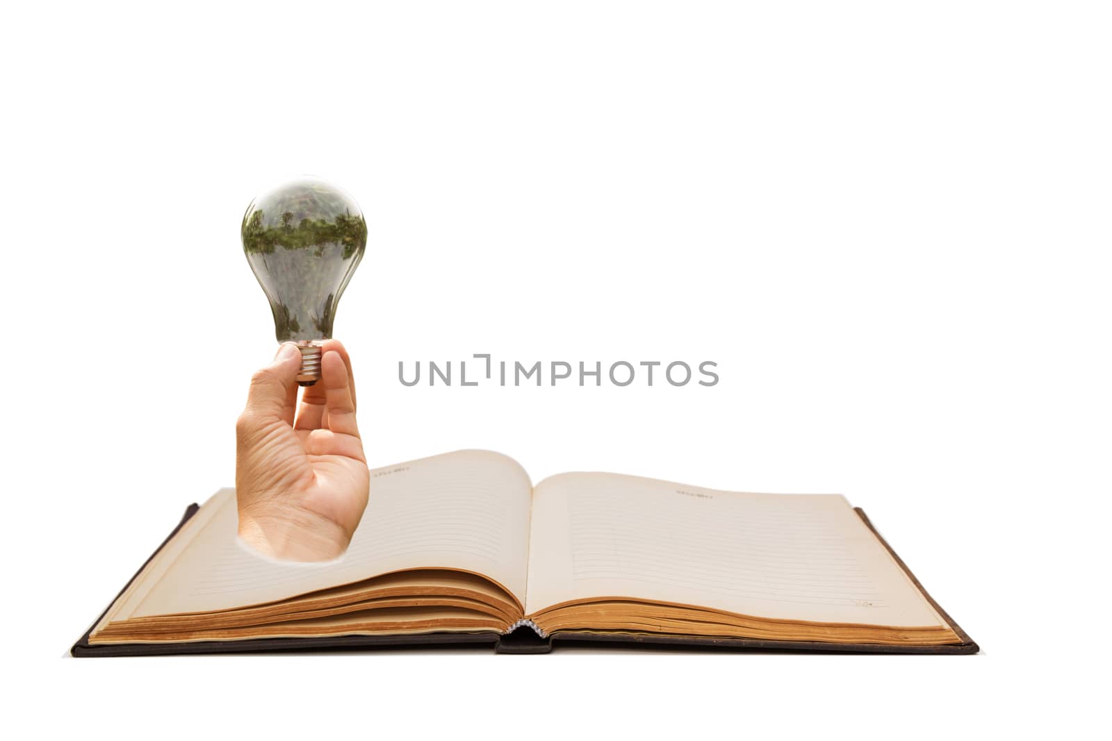 Hand with bulb comes out of notebook isolated on white backgroun by kirisa99