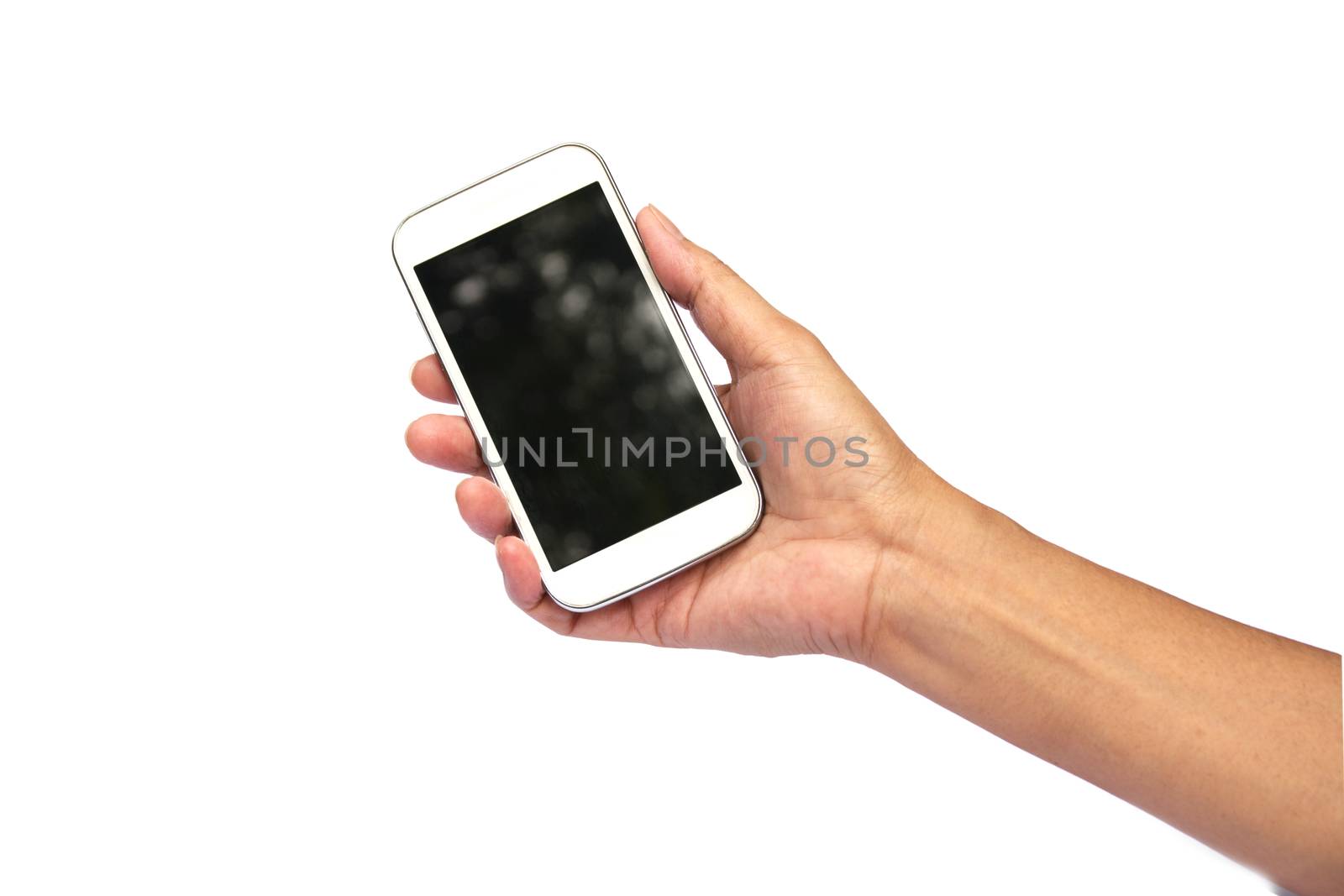 Woman hand holding smart phone isolated on white background by kirisa99