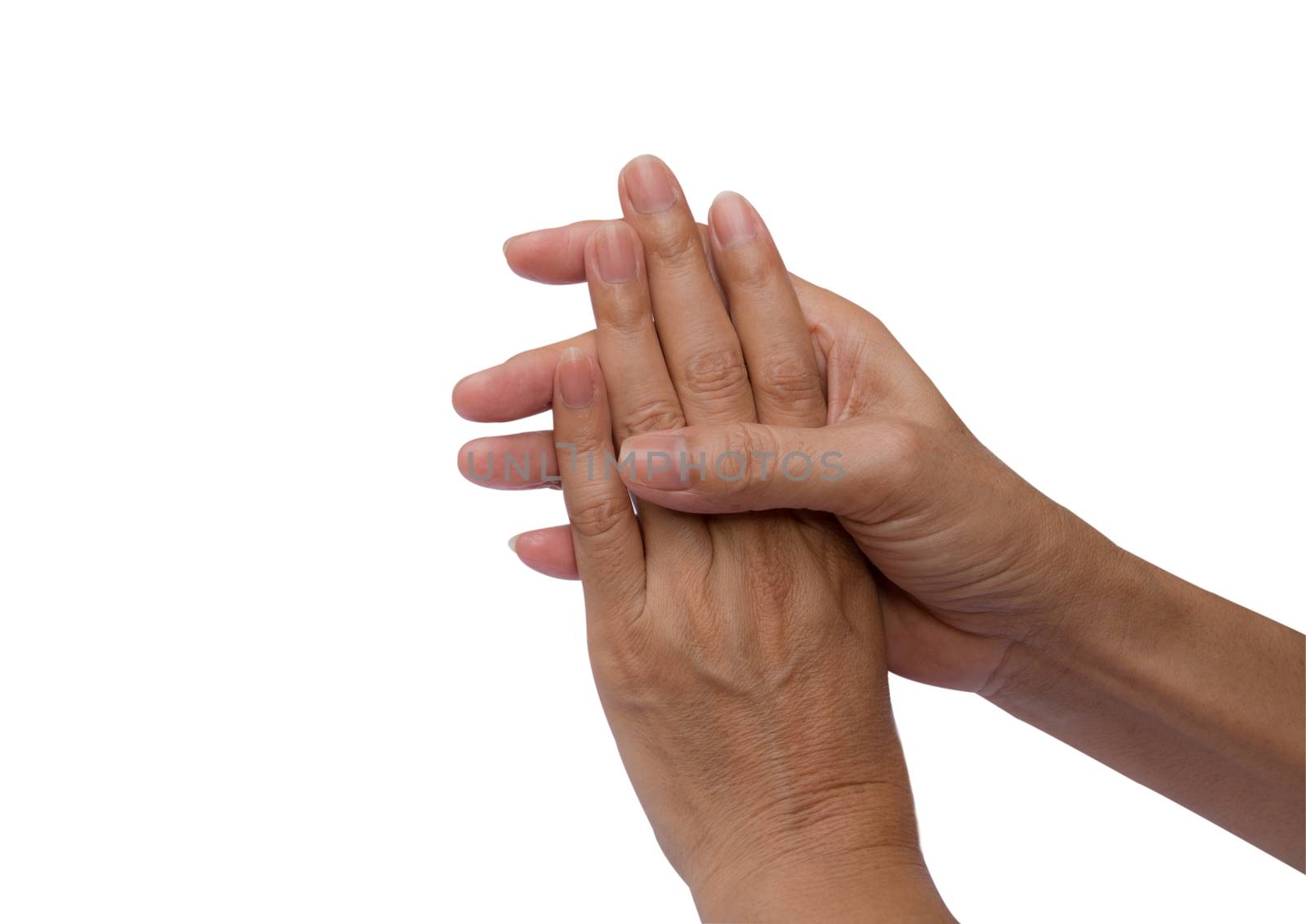 Woman hand touch hand isolated on white background