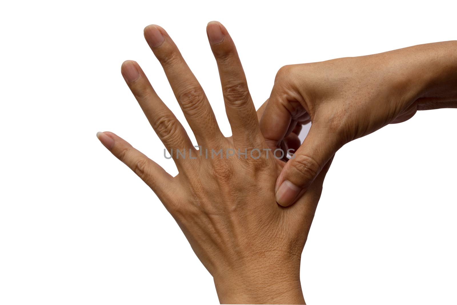 Woman hand touch hand isolated on white background